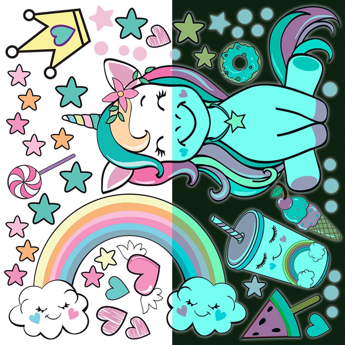 Adesivo fosforescenti unicorno regina delle prelibatezze - Sticker adesivo - adesivi murali - 90x90cm - 4