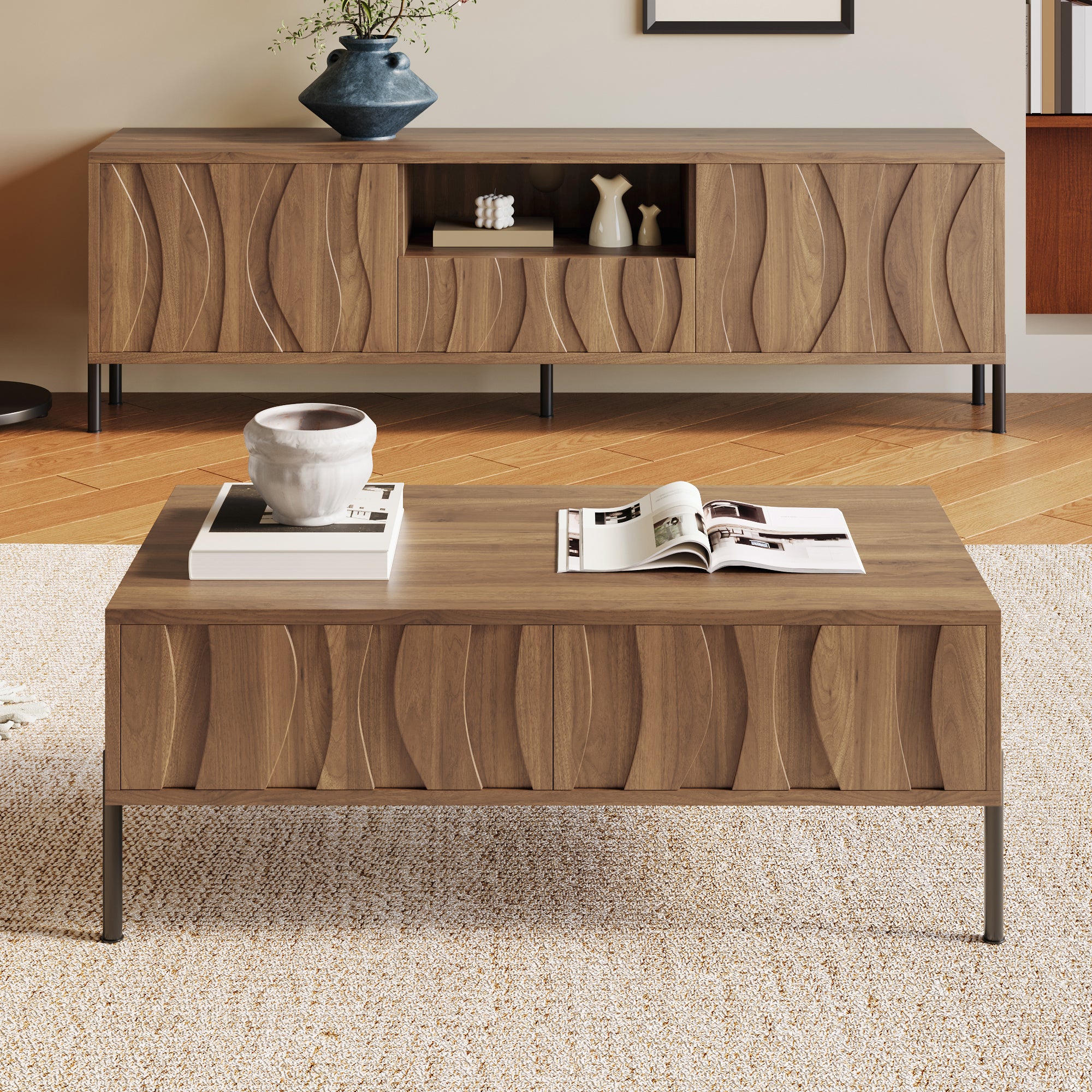 Zestaw stolika kawowego i szafki RTV - 160 x 35 x 46 cm + 105 x 55 x 41 cm - Drzwi z falistym wzorem - Płyta MDF - Naturalna