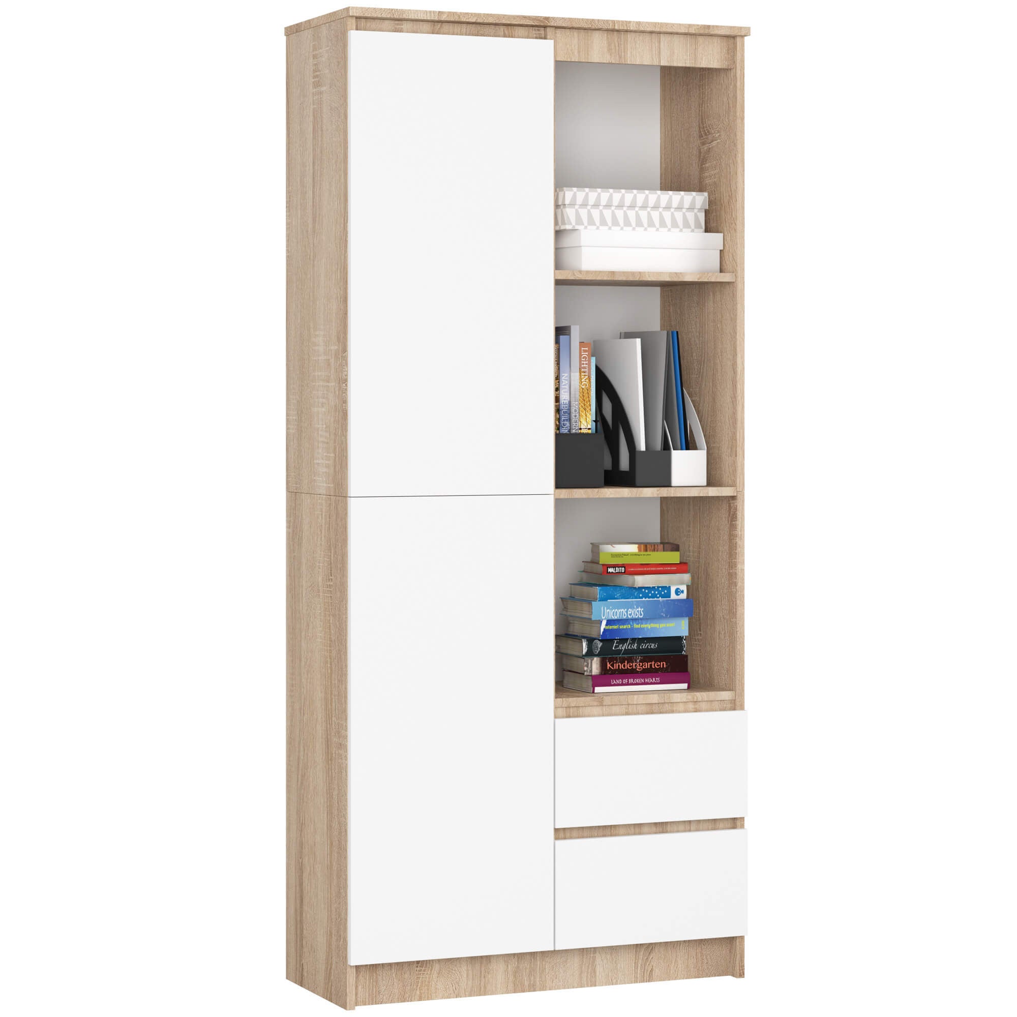 Regał AKORD R11 Dąb Sonoma 80 cm 1 drzwi 2 szuflady kolor Biały mat 7 półek 80x35x180 cm