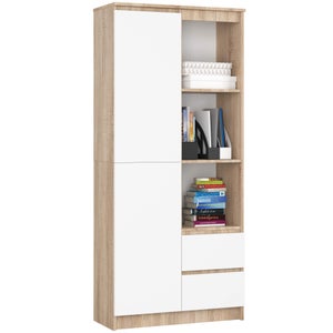 Bibliothèque étagère R15 - 80 Cm De Large, 7 étagères, 2 Tiroirs - Meuble Rangement Livres Bureau - Blanc
