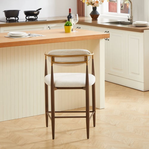 Lot de 2 tabourets de cuisine en tissu et métal marron, 2 sièges, beige avec dossier incurvé, accoudoirs, rembourrés - OKWISH - 3