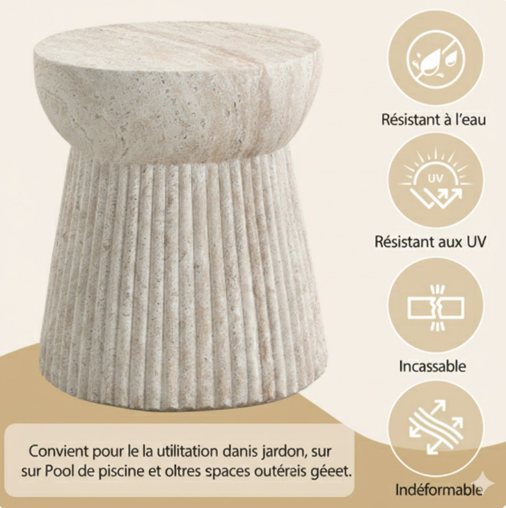 Table d'Appoint de Jardin Design Minéral - 38x38x43cm - Tabouret Bas en Magnésie Effet Pierre - Résistant UV & Intempéries - Naturel - 5