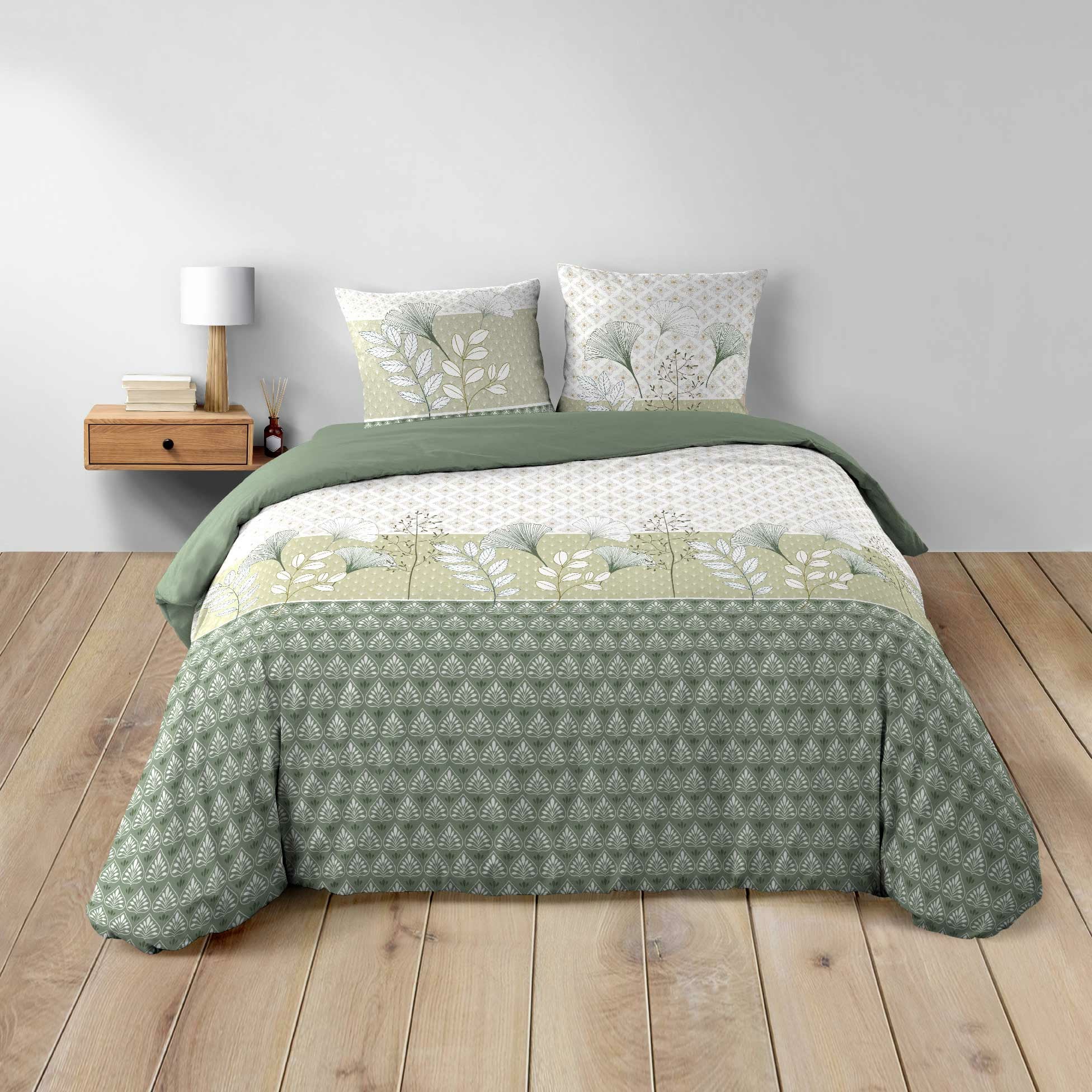 Housse de couette 240 x 220 cm + 2 taies – Coton 42 fils – Motif végétal vert sauge – Poetine - 5