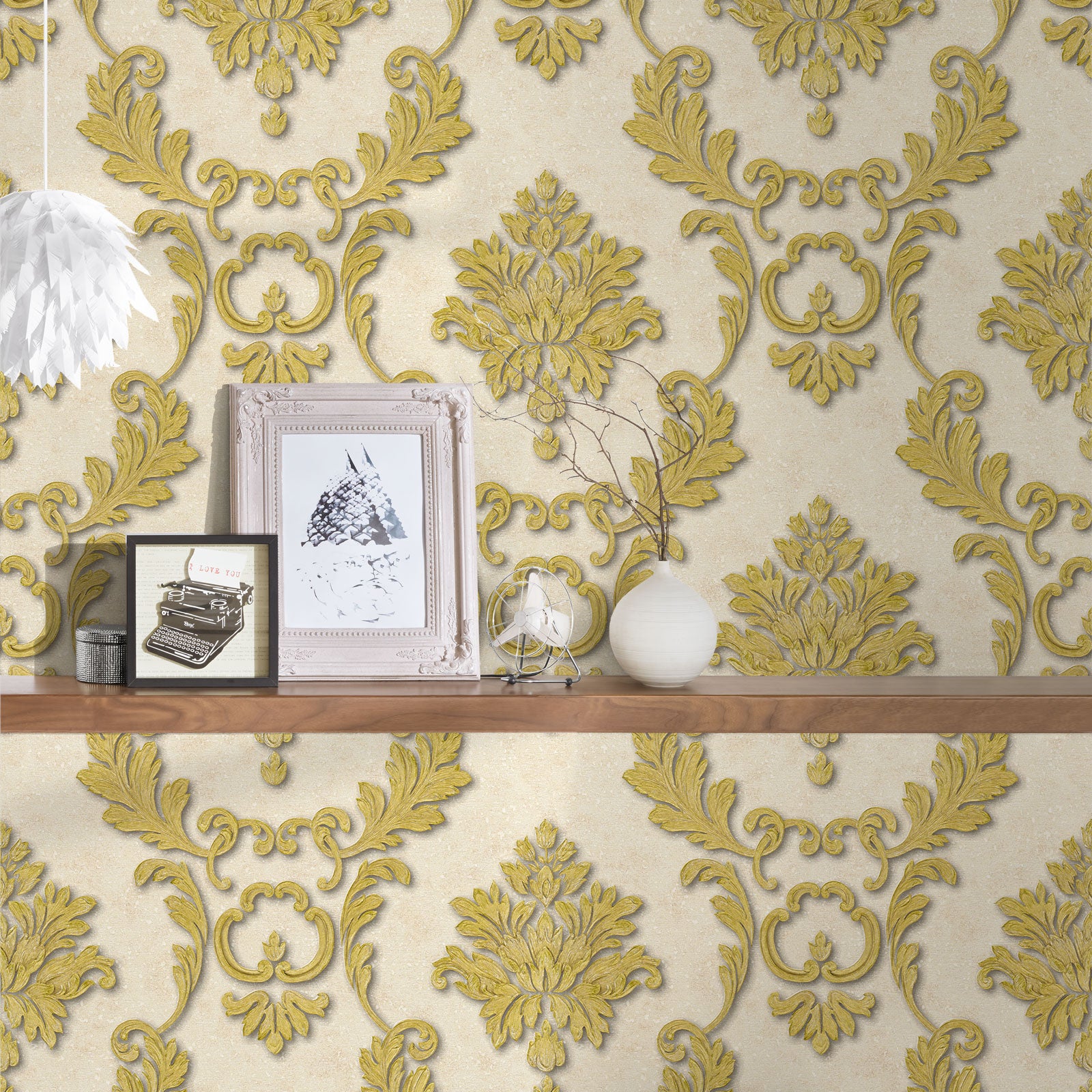 Papel pintado damasco papel pintado beige y dorado para pasillo, salón & dormitorio papel pintado vinílico estilo barroco elegante