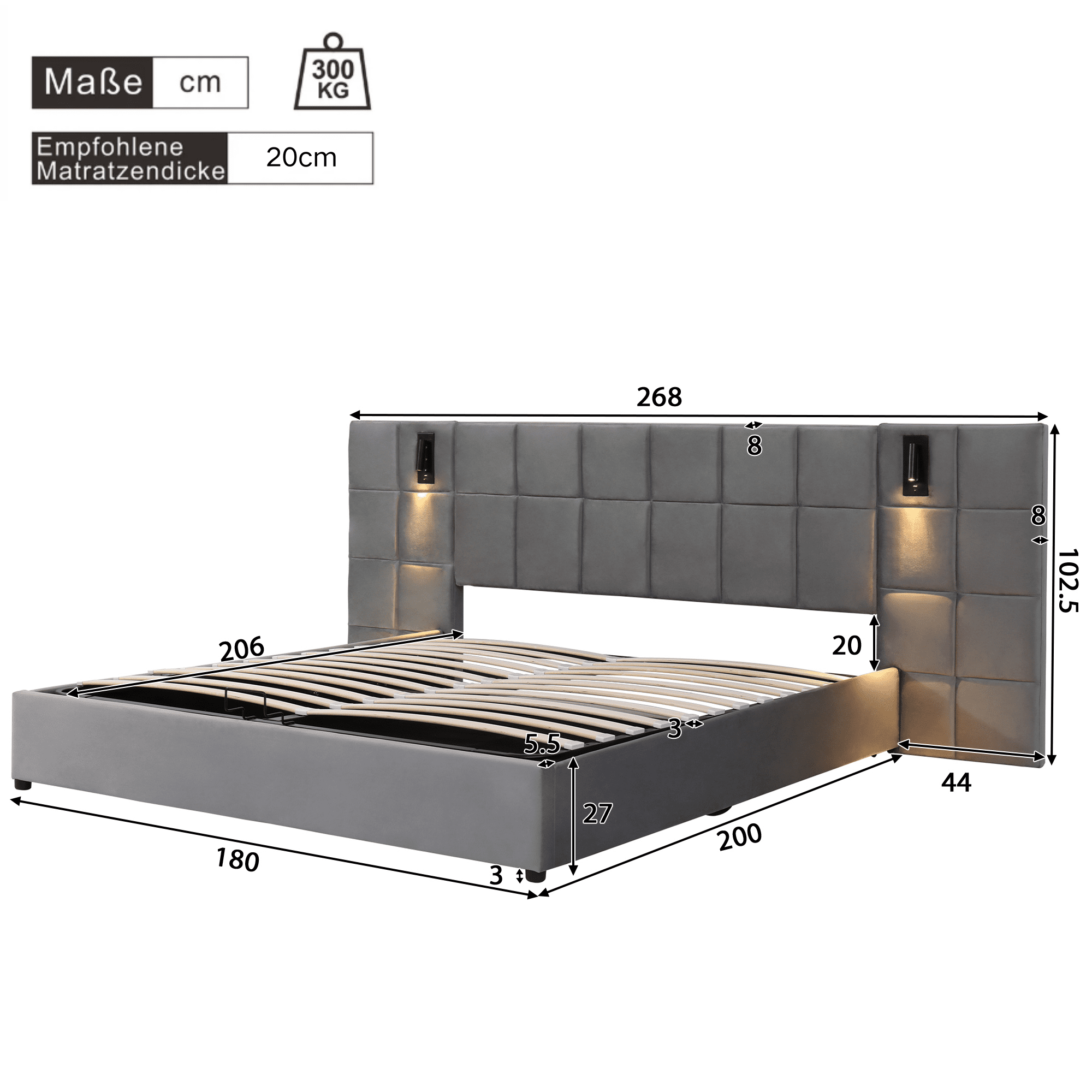 Lit hydraulique 180*200 cm, avec lampe et chargeur USB, tête de lit large, sans tête de lit, velours, gris - 3