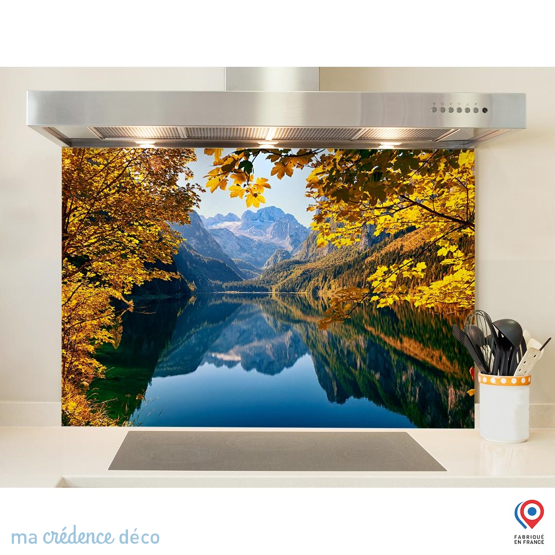 Crédence Cuisine En Verre 125x50 Cm - Motif Paysage Montagnes Lac Forêt, Couleur Vert/bleu, Marque Tulup