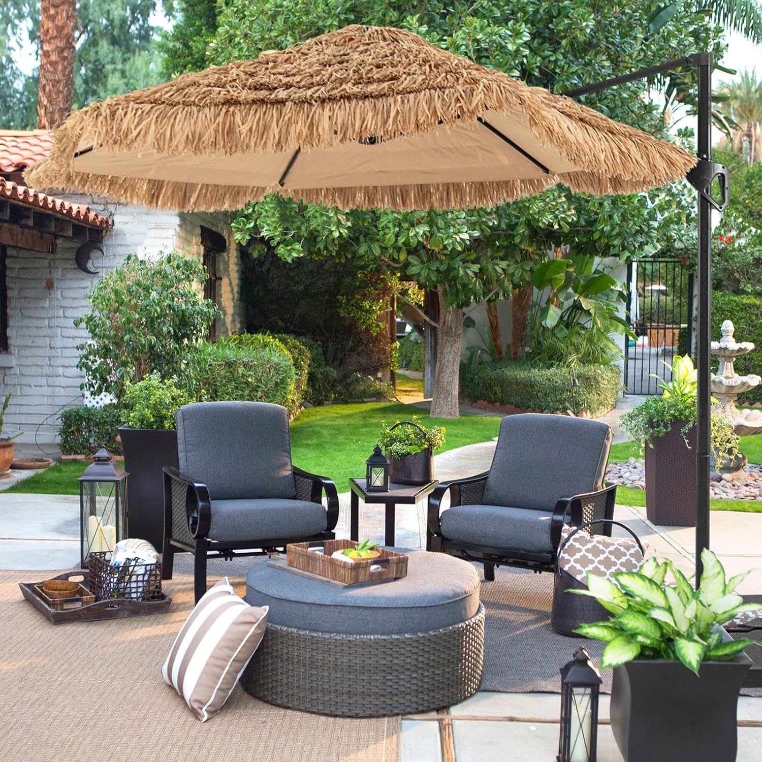 2,7M Parasol Paille en PE, Parasol Déporté Suspendu de Style Hawaïen Tropical, avec Double Toits, 8 Baleines, Base Non Incluse - 9