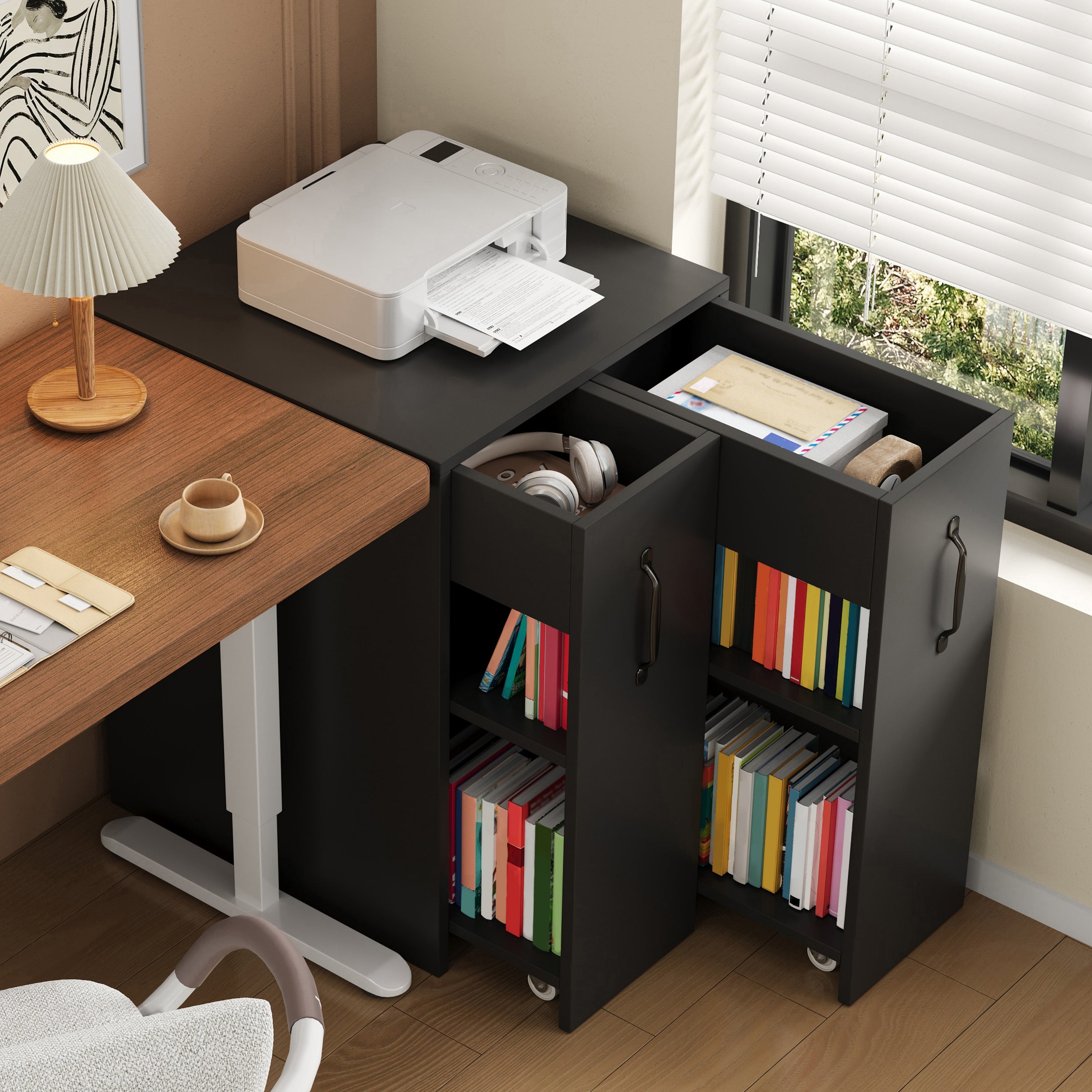 Estantería con ruedas grandes, cajón extraíble, protección de bordes y montaje reversible. para escritorio, mesita de noche y baño.