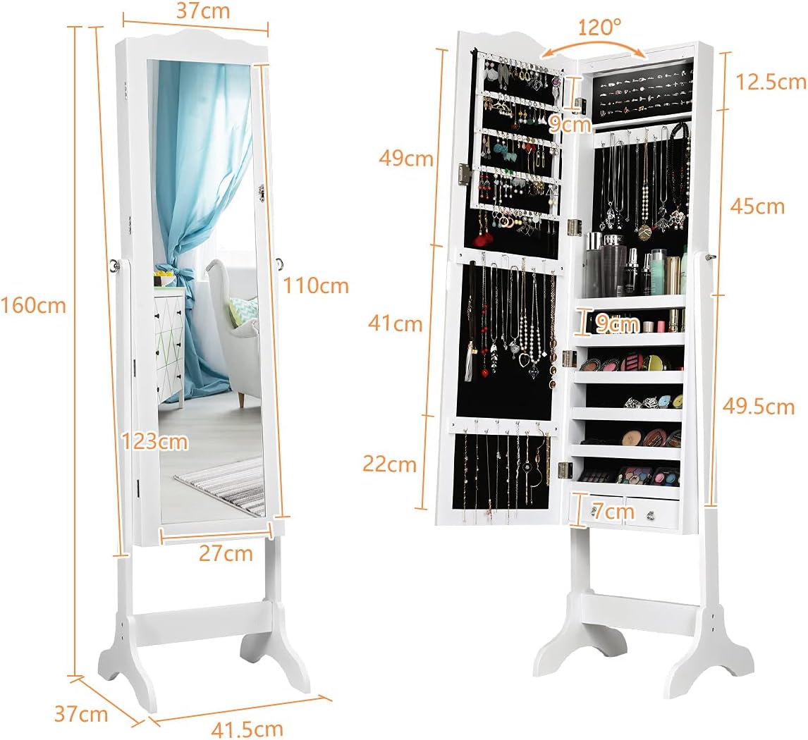 Armoire a Bijoux sur Pied avec Miroir, Meuble a Bijoux de Dessus d’Arc avec 14 Lumieres LED, 6 Etageres de Rangement,(Blanc) - 2