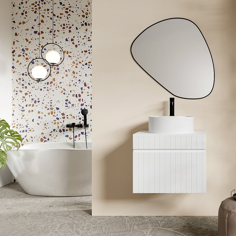 Szafka łazienkowa wisząca ryflowana biała z okrągłą umywalką nablatową - 60 cm - SATARA