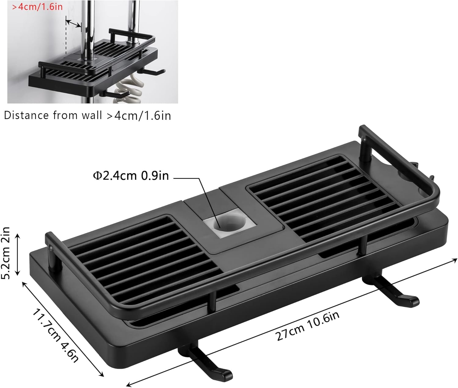 Support de douche, lot de 2, rangement de salle de bain, sans perçage, montage mural, antirouille, autocollant, noir 24MM-25MM - 5