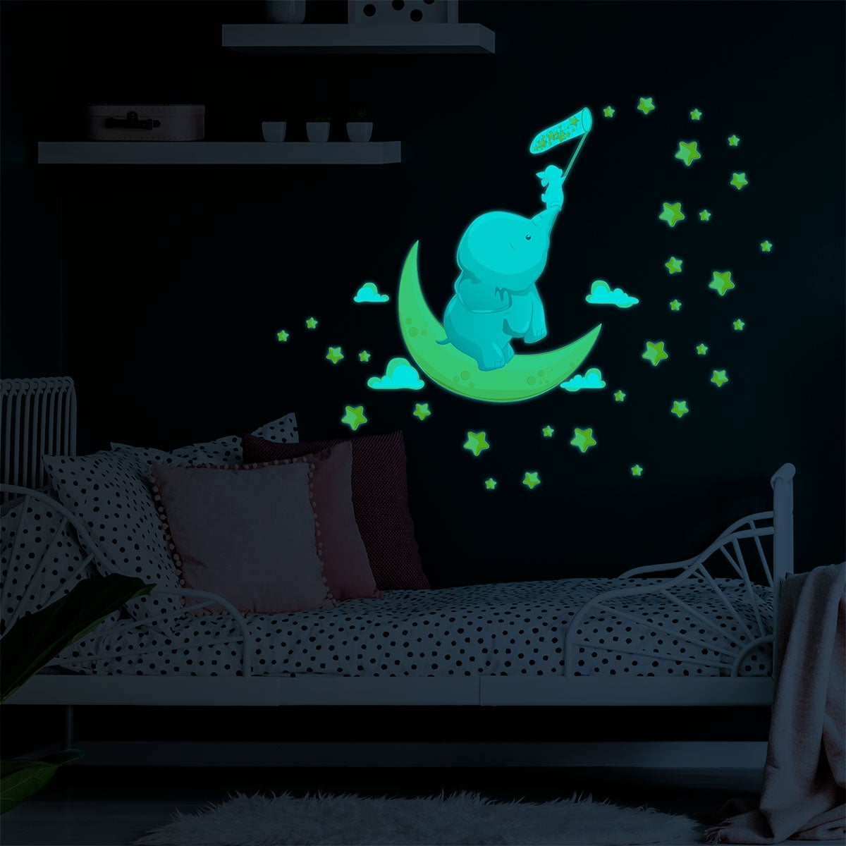 Adesivi fosforescente elefante e coniglio catturano le stelle + 110 stelle - Sticker adesivo - adesivi murali - 145x110cm - 5