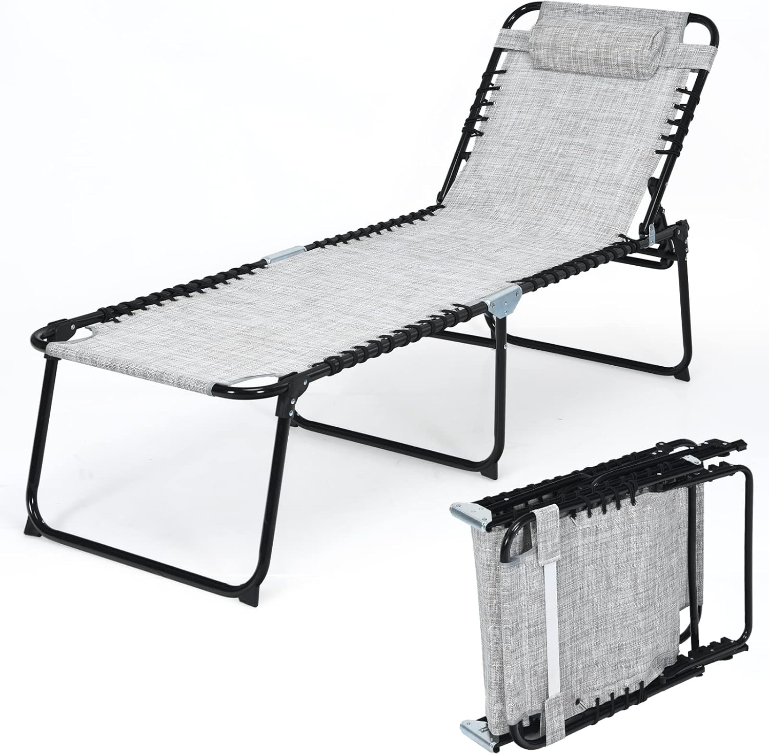 Składane Krzesło z 4 Regulowanymi Pozycjami, Łóżko Kempingowe, Nośność 120 kg, na Taras/Plażę 189 x 59 x 40 cm (Szare)