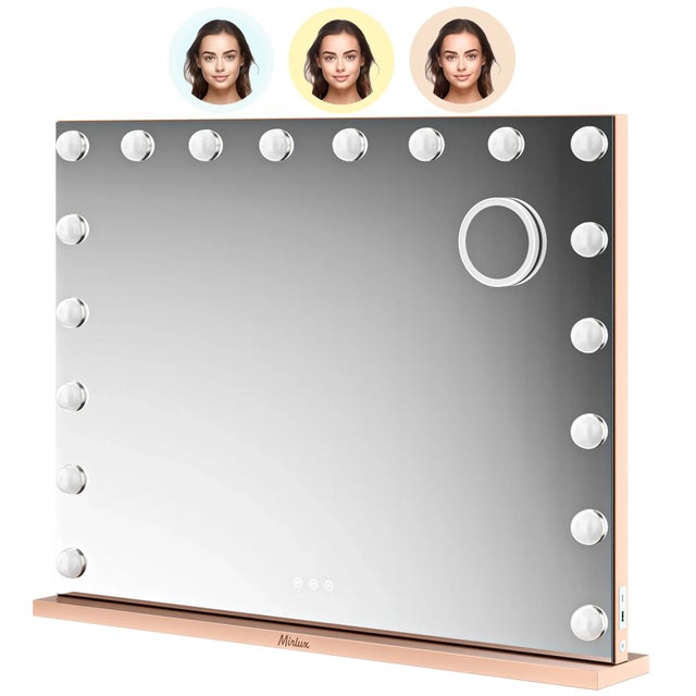 Mirlux Miroir Hollywood 80x60 cm - 2 haut-parleurs Bluetooth - Ports de chargement USB et USB-C - Miroir de maquillage LED - Zoom x10 - Or rose