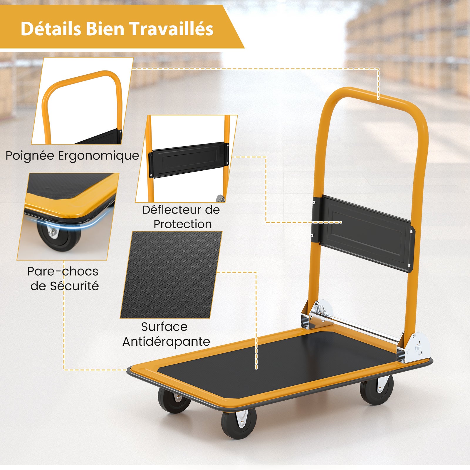 Carrinho Dobrável com Plataforma, Carrinho de Transporte, Carrinho com Plataforma Giratória 360° com 4 Rodas Pivotantes, Capacidade de Carga de 150 KG - 3