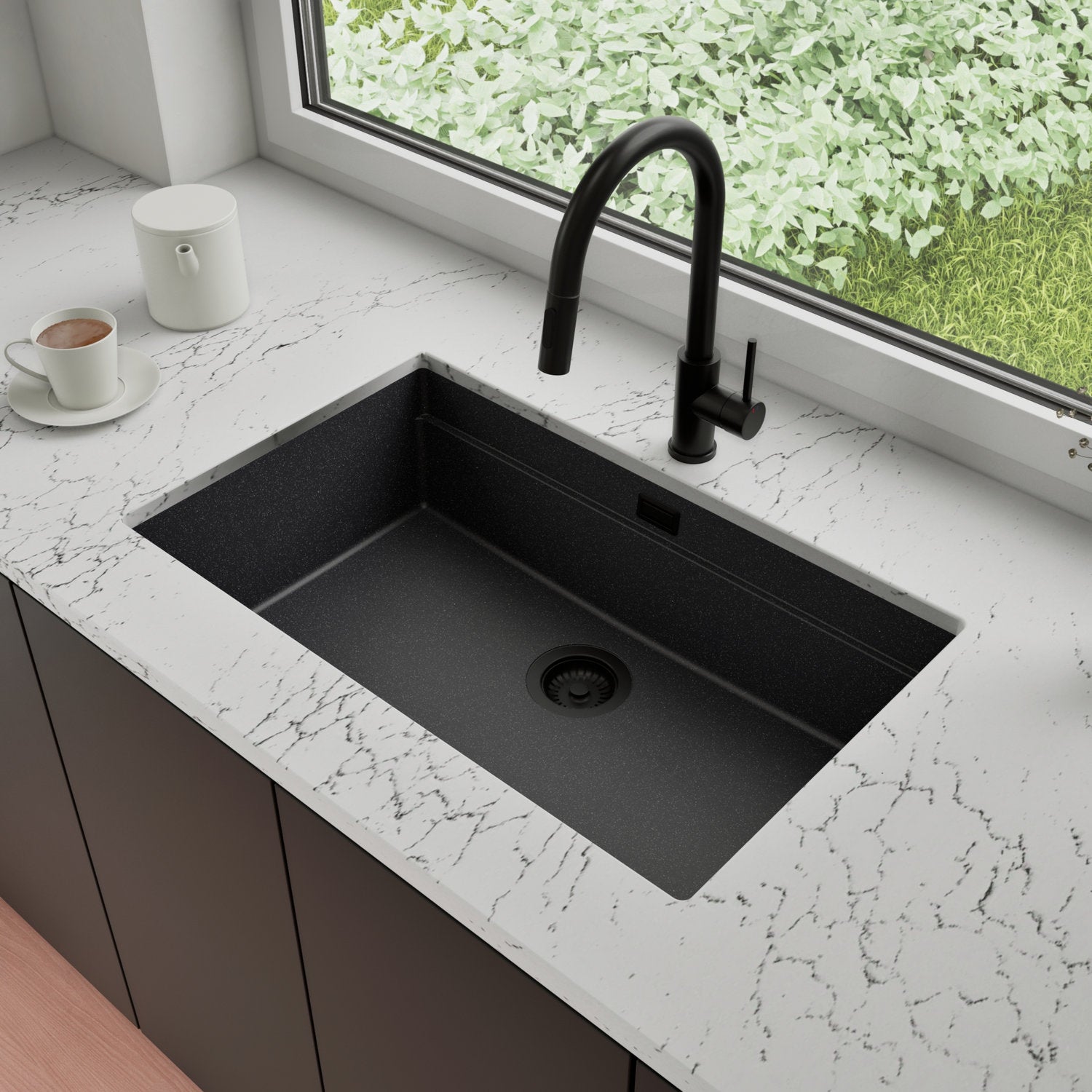 Zlewozmywak podblatowy 76x47cm, do szafki od 80cm + Bateria + Syfon - Coral Grafitowy STONESTYLE