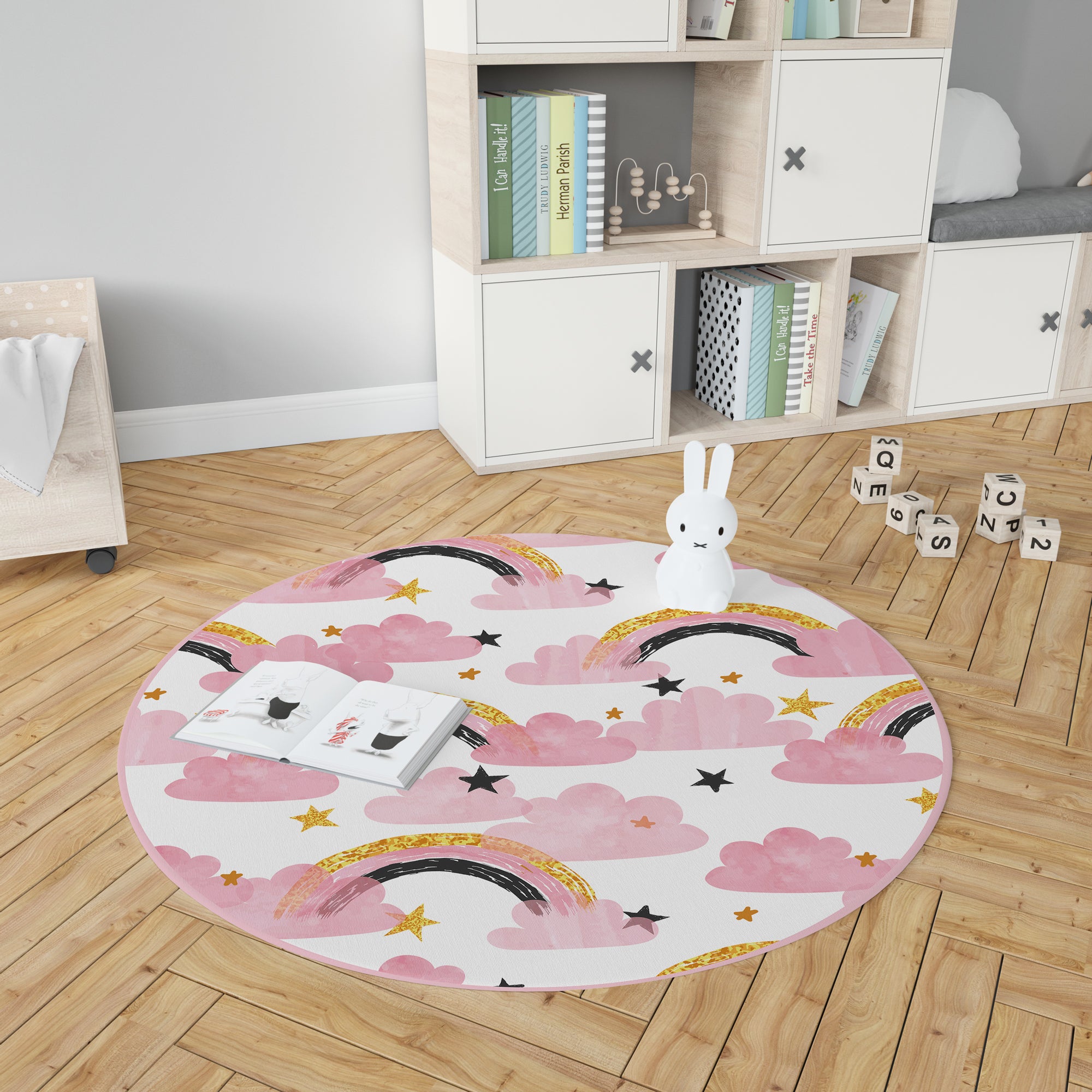 Dywan winylowy dla dzieci Golden rainbow [średnica] 120 cm - Antypoślizgowy PVC, winylowy do pokoju dziecięcego, trudnopalny i zmywalny.