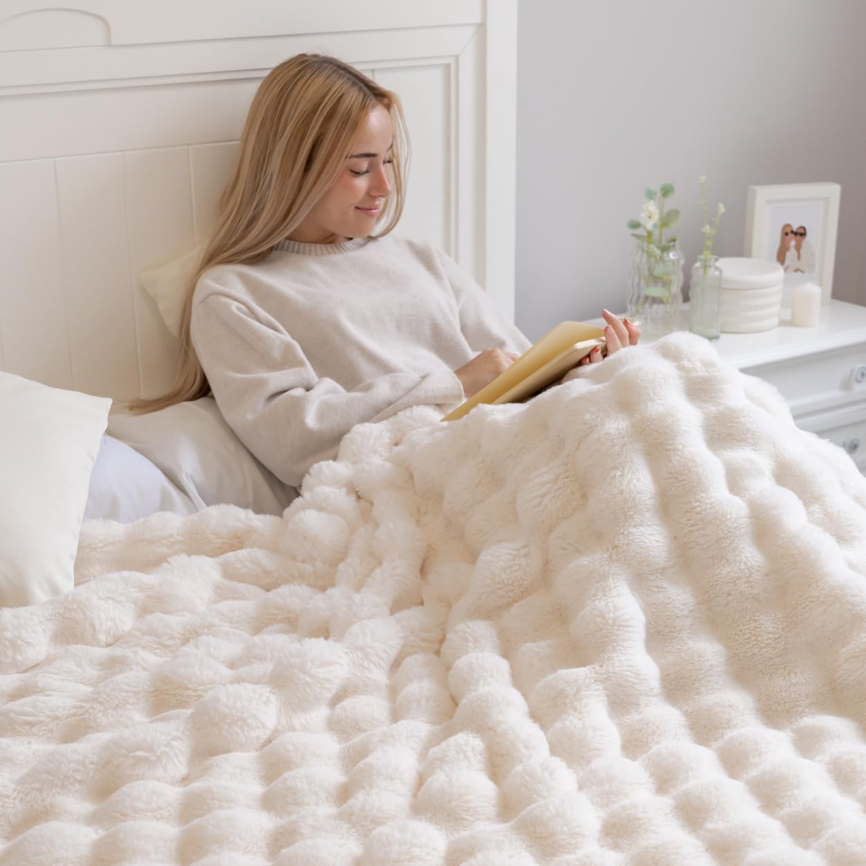 Flamingueo Plaid Polaire Couverture Lestée Grand Jete de Lit 100% Polyester 200x185cm Blanc - 3