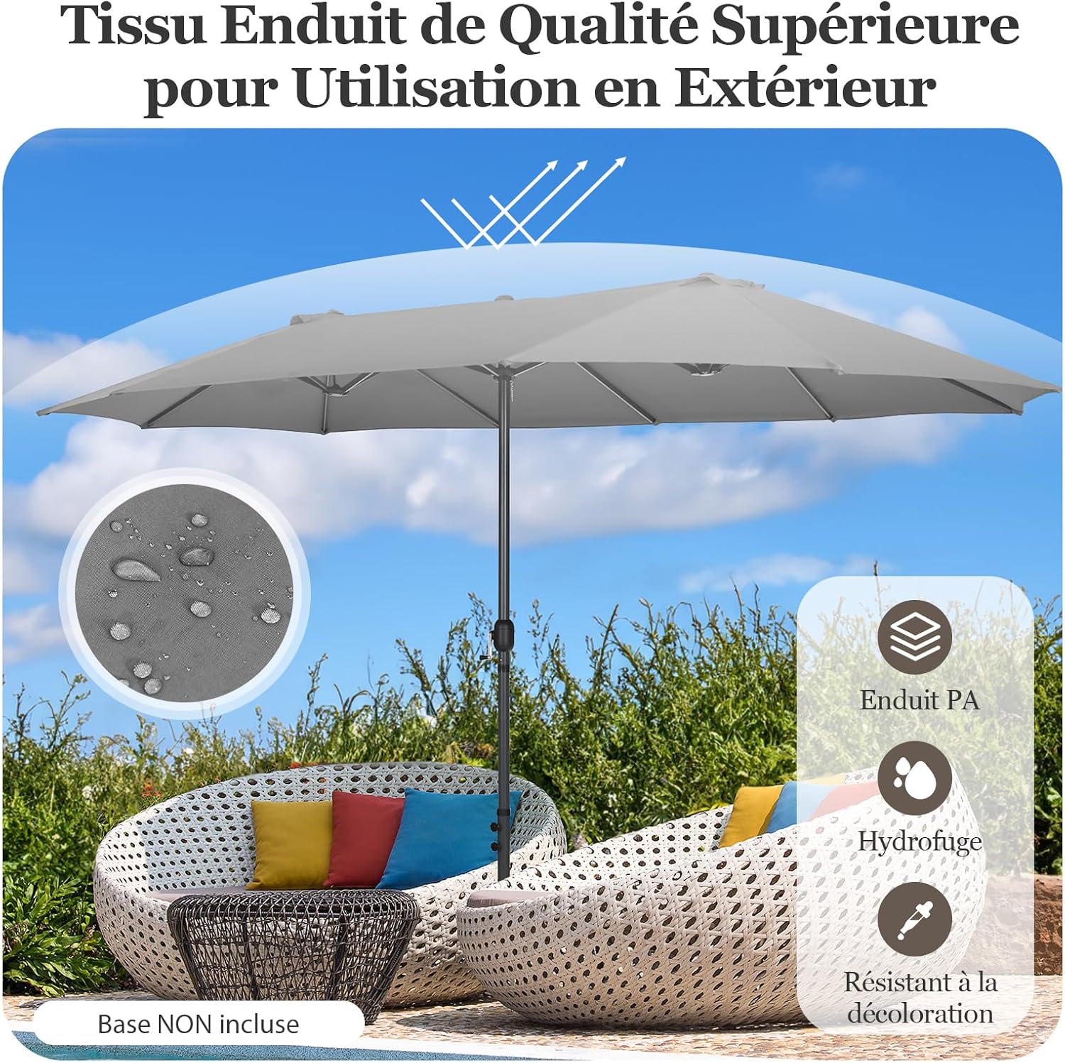 Parasol de Jardin Exterieur 4,7M Grand Parasol Manivelle, 12 Baleines, Poteau Φ48MM, Résistant aux UV, Parasol Double Face Base Non Incluse, Gris - 5