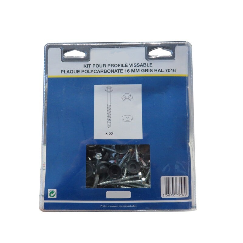 Kit pour profil vissable plaque polycarbonate (50 pcs) - Coloris - Gris, Epaisseur - 16 mm - 2