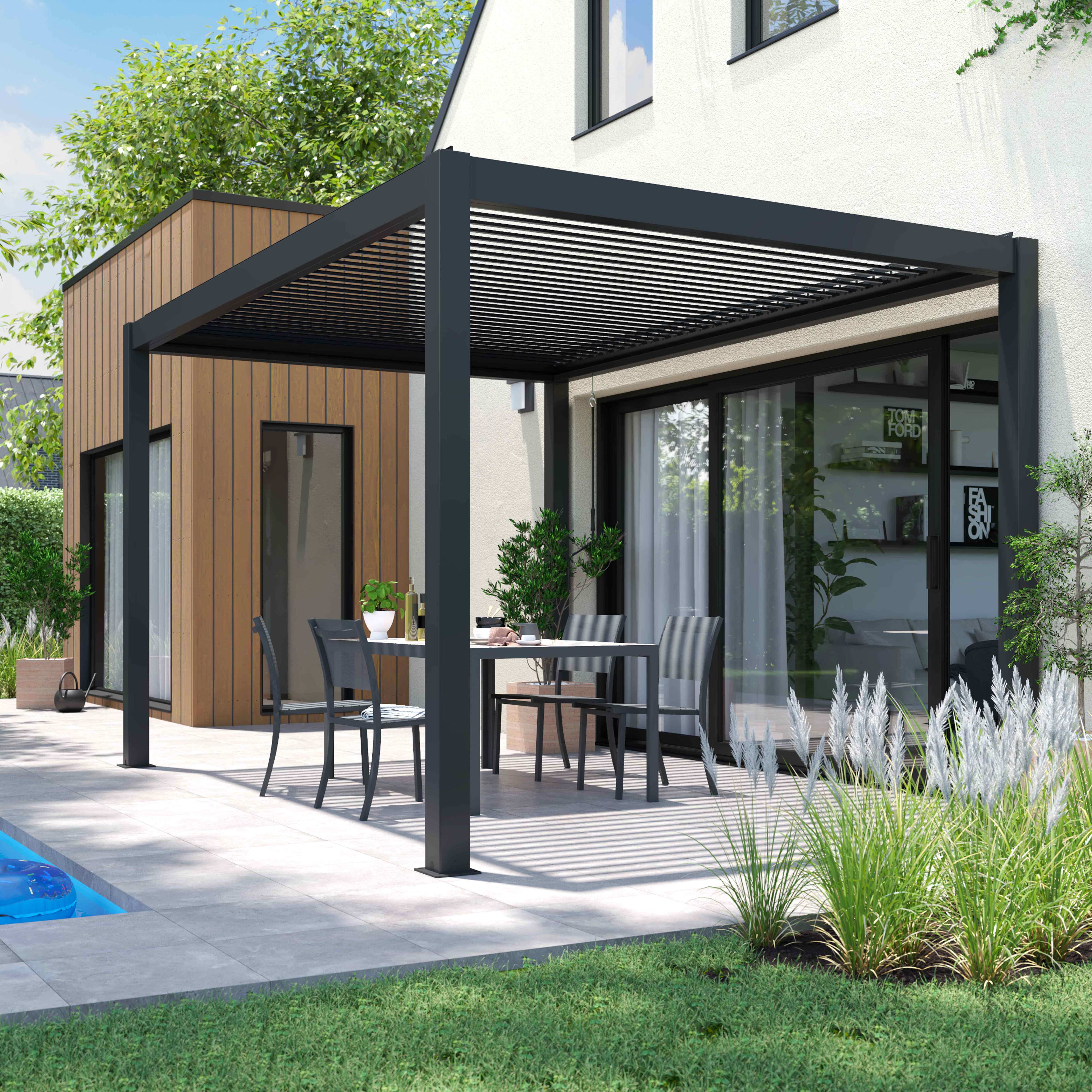 Pergola bioclimatique autoportée gris 3 x 4 x 2.5 m Athenes- Oviala - 4