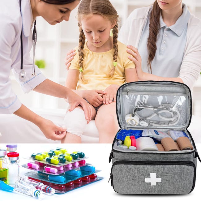Kit de primeiros socorros com bolsa para transporte e armazenamento, organizador de comprimidos – Casa, Viagem, Atividades ao Ar Livre (Cinza) - 5