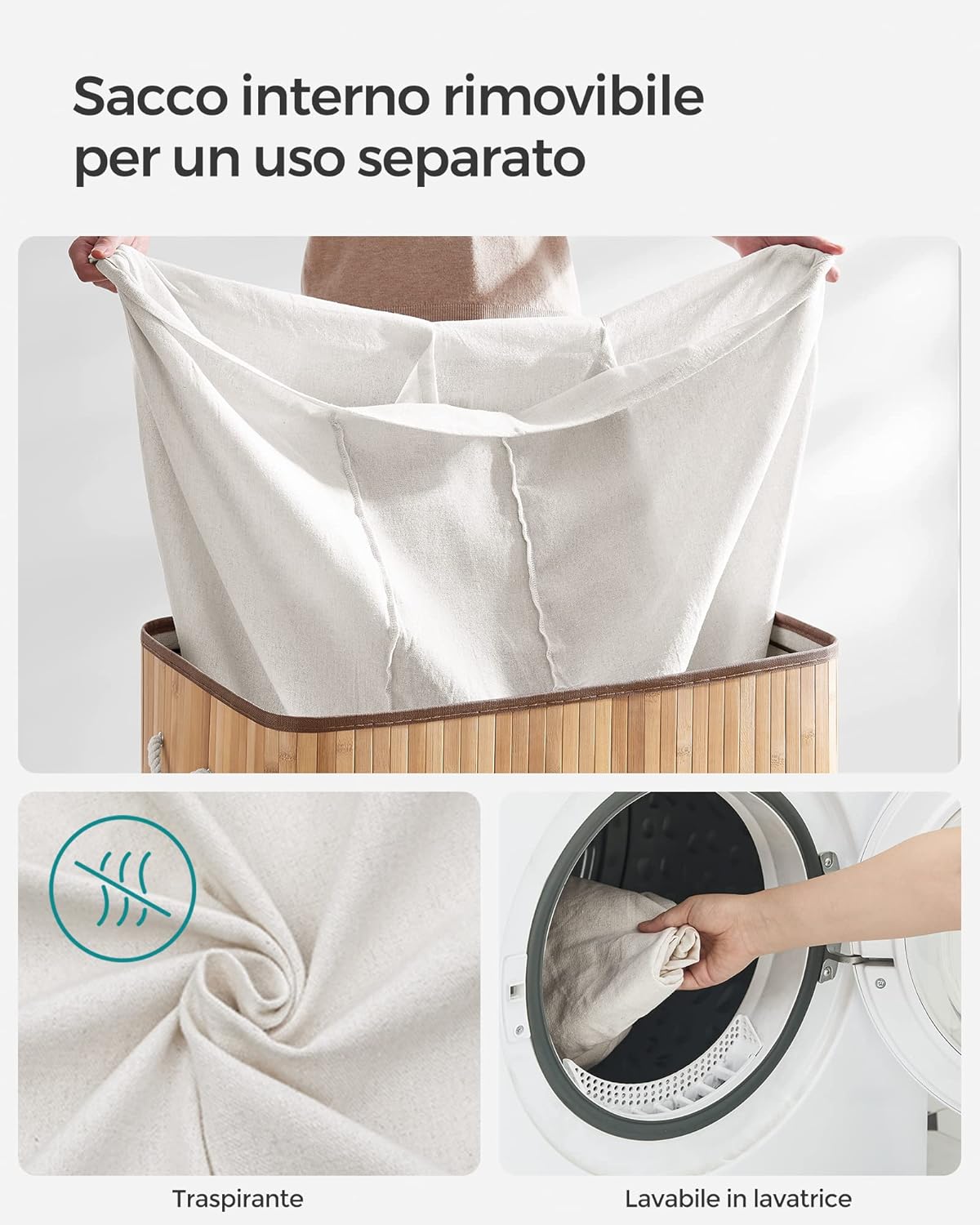 Cesto Biancheria 3 Scomparti, 150L, Coperchio Maniglie, Pieghevole, Casa Lavanderia, Legnoso - 7