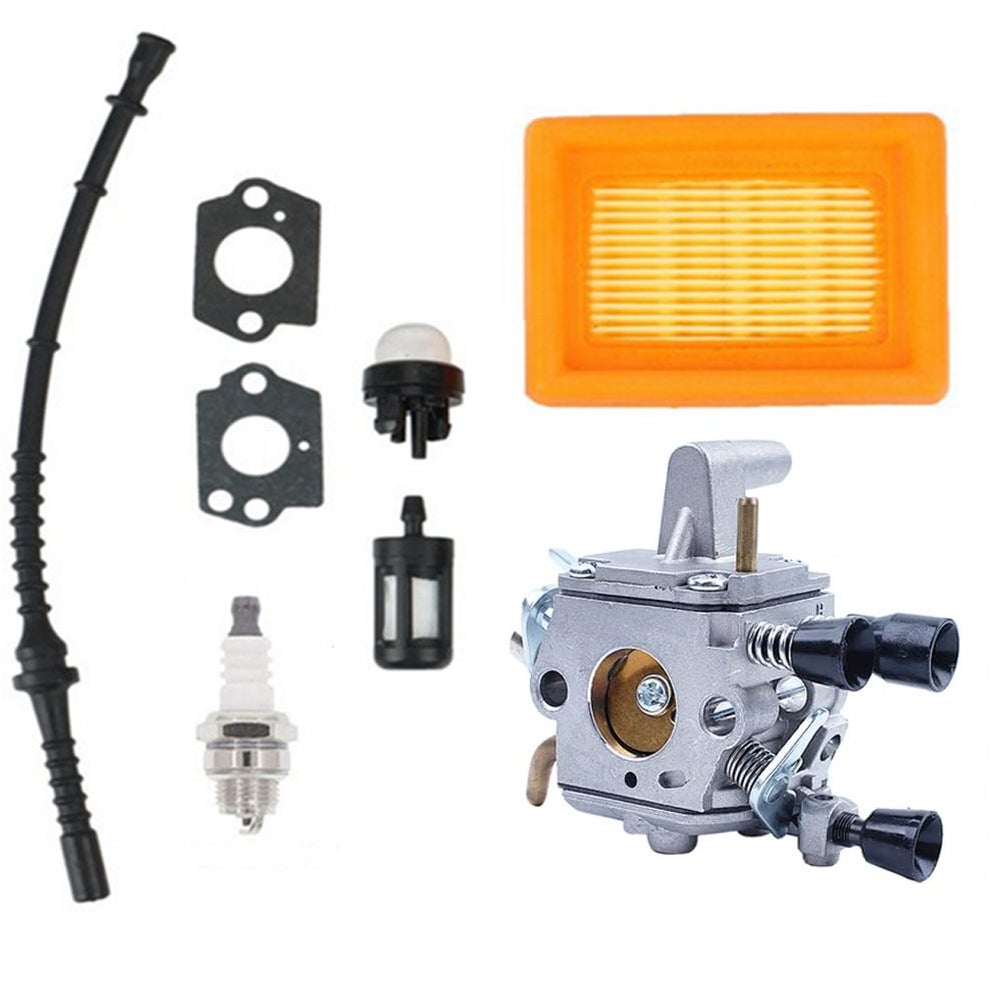 Zestaw gaźnika do podkaszarek Stihl FS120 FS200 FS020 FS202 FS300 FS350, zawierający uszczelkę, filtr powietrza i filtr paliwa.