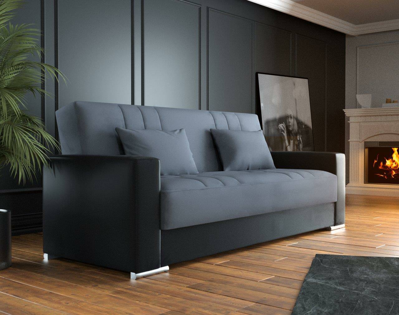 Sofá cama 3 plazas sergio, sofá contenedor en ecopiel y tela, sofá con apertura click-clack y 2 cojines, 230x96h101 cm, negro y gris