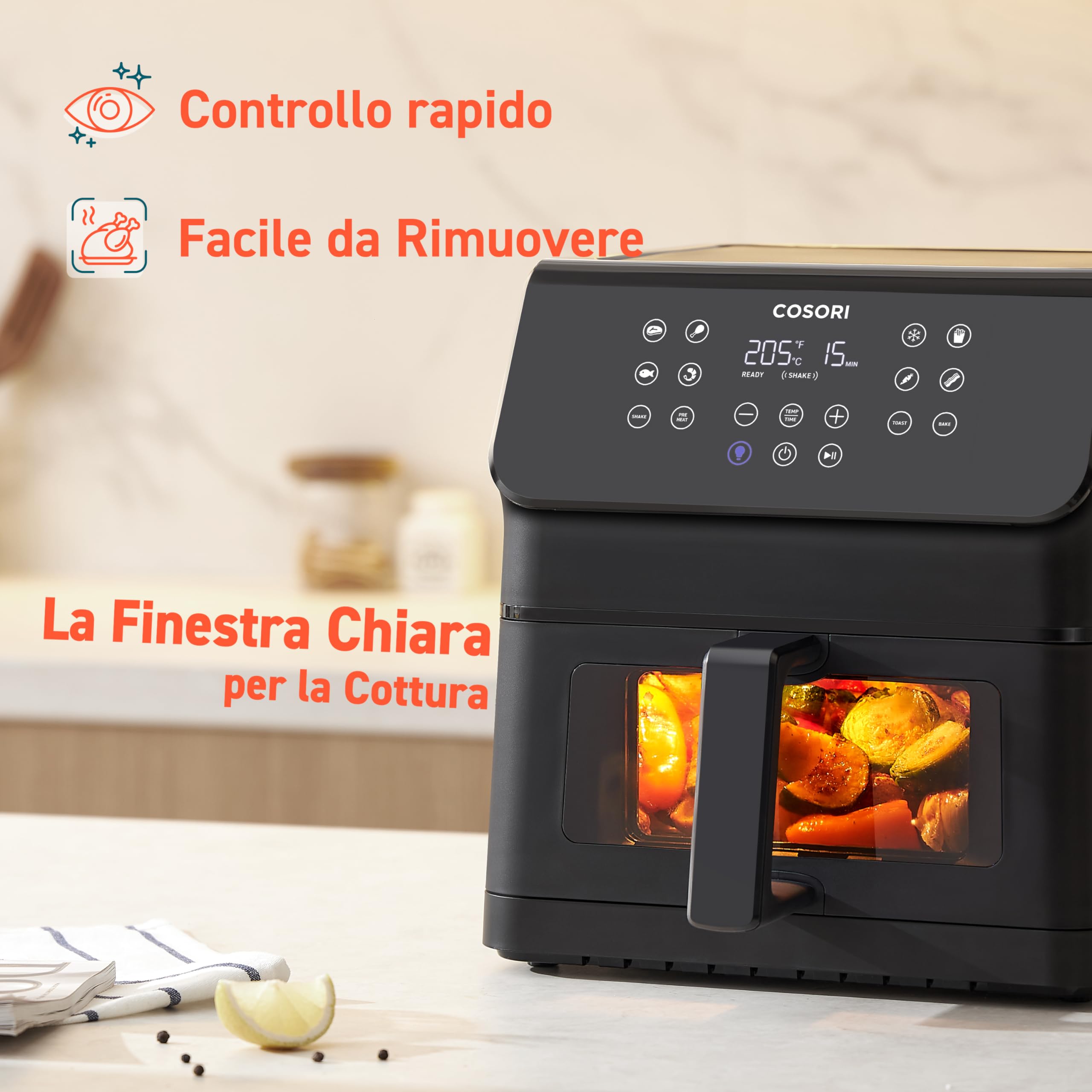 COSORI Friggitrice ad Aria Clear Blaze 6.2 Litri con Finestra, 1700W, con 11 Funzioni, One-Touch Display, Tempo e Temperatura Regolabili 75-205°C, 30 - 3