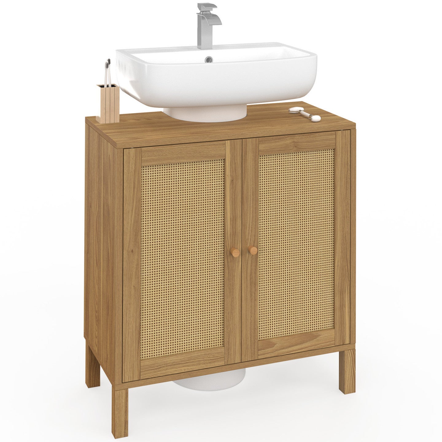 Meuble sous lavabo salle de bain HANAE effet naturel cannage - 2