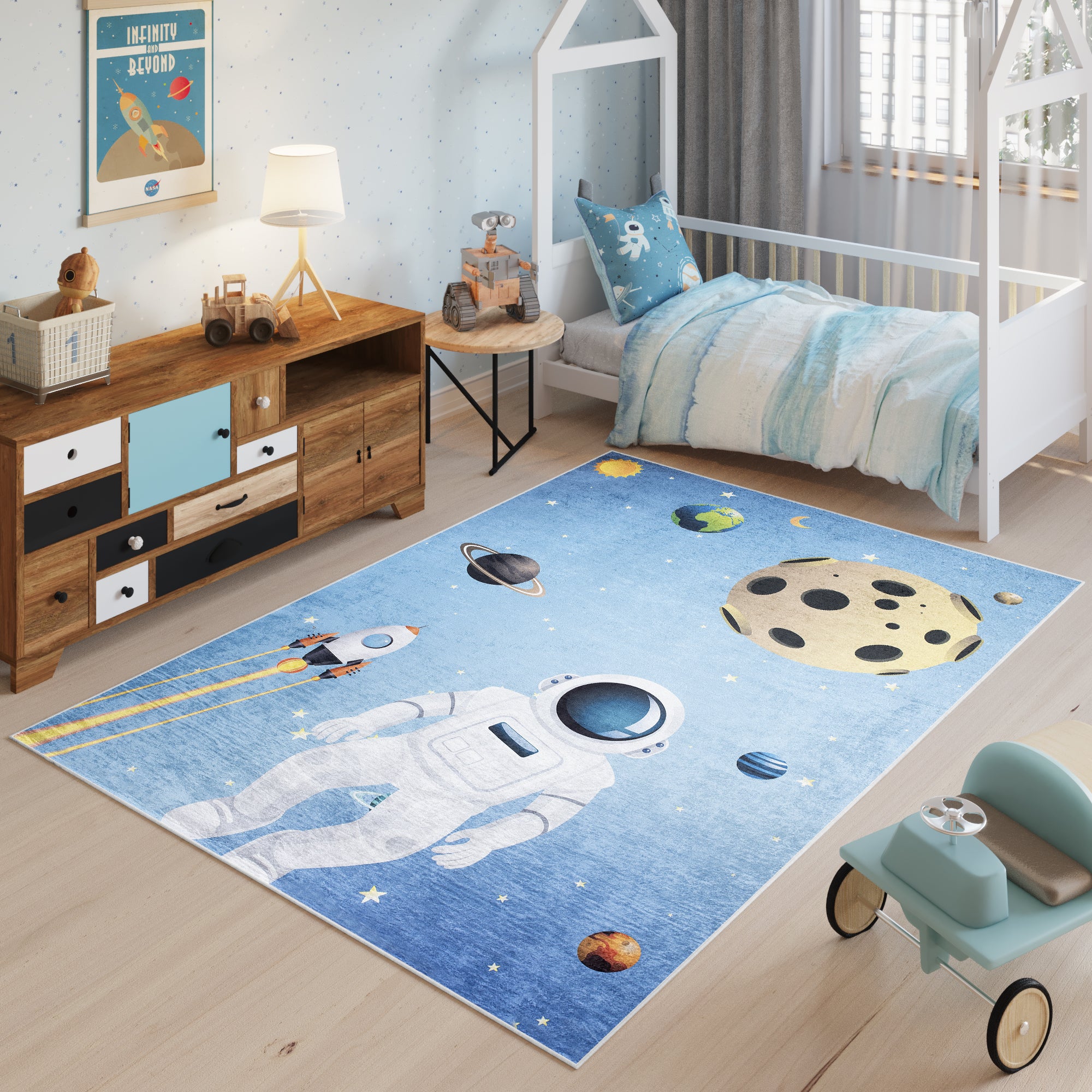 Tapis Pour Enfant Bubble Kids Motif Fusée Et Étoiles Gris/Bleu - Tapis à Poils Plats 80x150 Cm, Parfait Pour Chambre D'Enfant