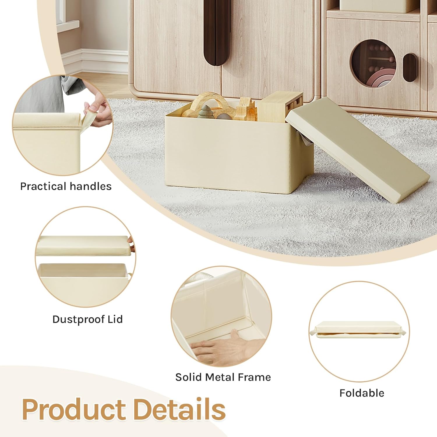 Lot de 6 Boîte de Rangement WOLTU, 38x27x20 cm, avec Couvercle, Coffre de Rangement en Tissu non Tissé, Pliable, Crème - 3