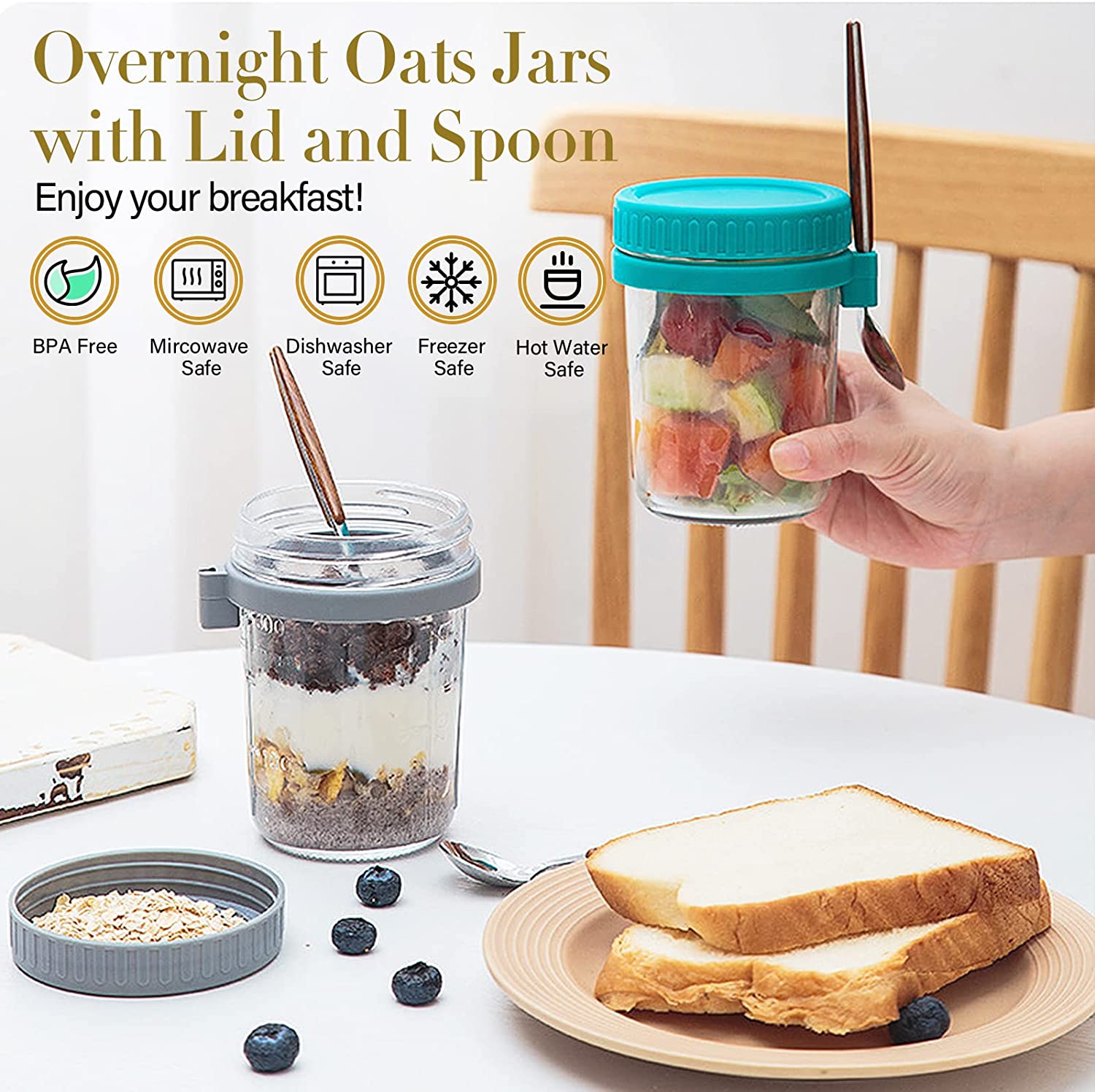 4 paquets de bocaux en verre pour avoine overnight de 12 oz avec