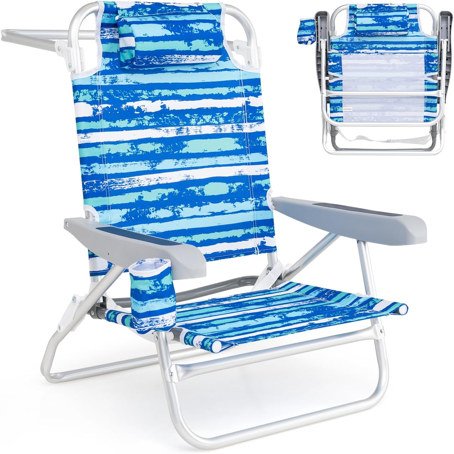 Zestaw 2 Krzeseł Plażowych Składanych z 4-stopniową Regulacją Zagłówkiem Uchwytem na Kubek i Podłokietnikami 62,5 x 54,5 x 80 cm Pasek Marynarski