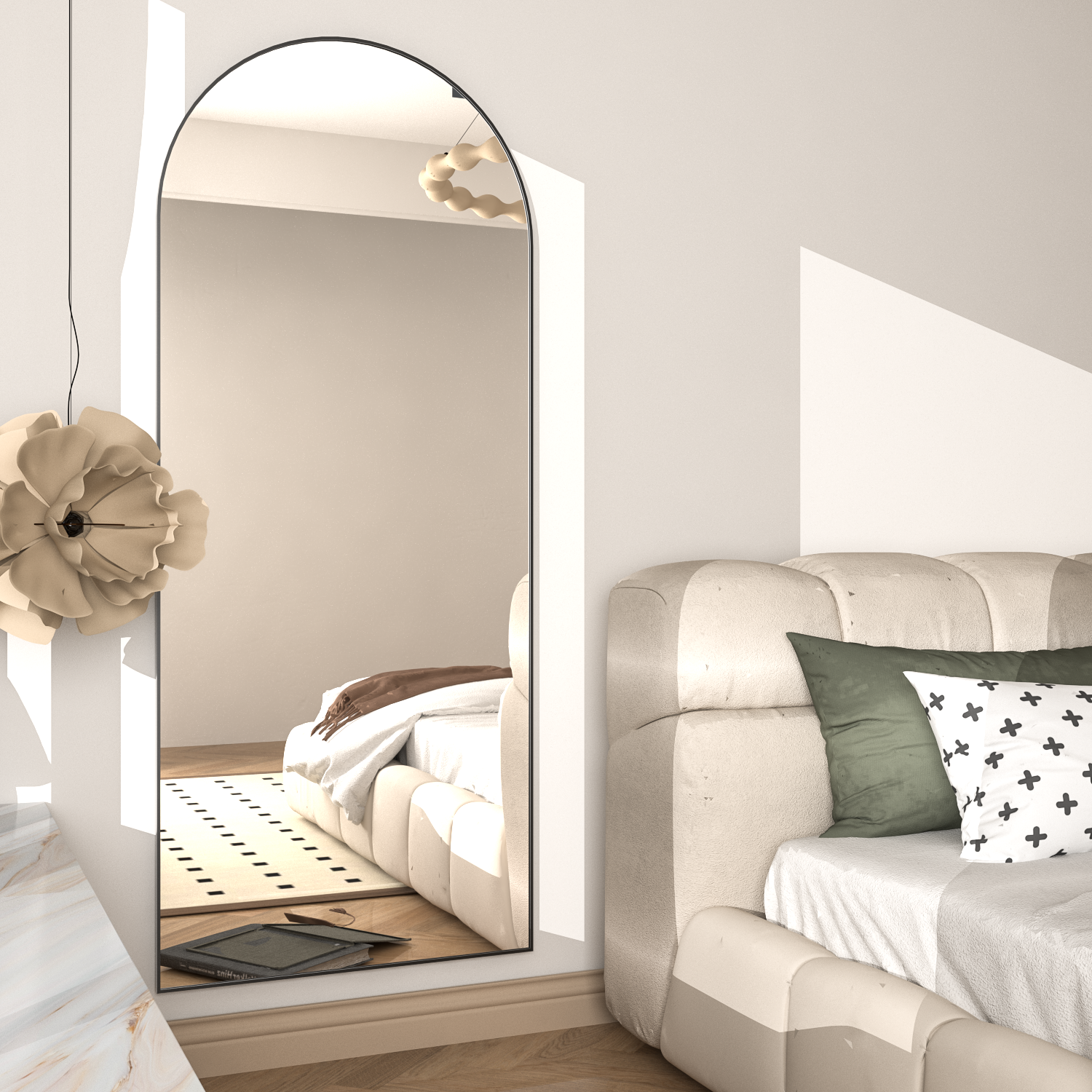 Espejo arqueado de cuerpo entero, independiente, colgante, espejo de piso grande, marco de aluminio negro, adecuado para sala de estar y dormitorio - 3