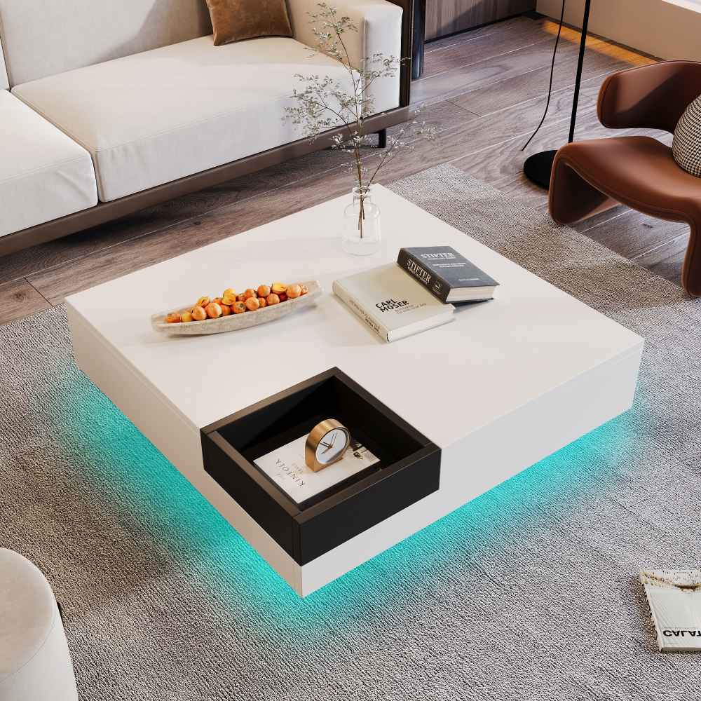 Lakierowany stolik kawowy z oświetleniem LED i wyjmowanym schowkiem, 72x72x30 cm, nowoczesny design