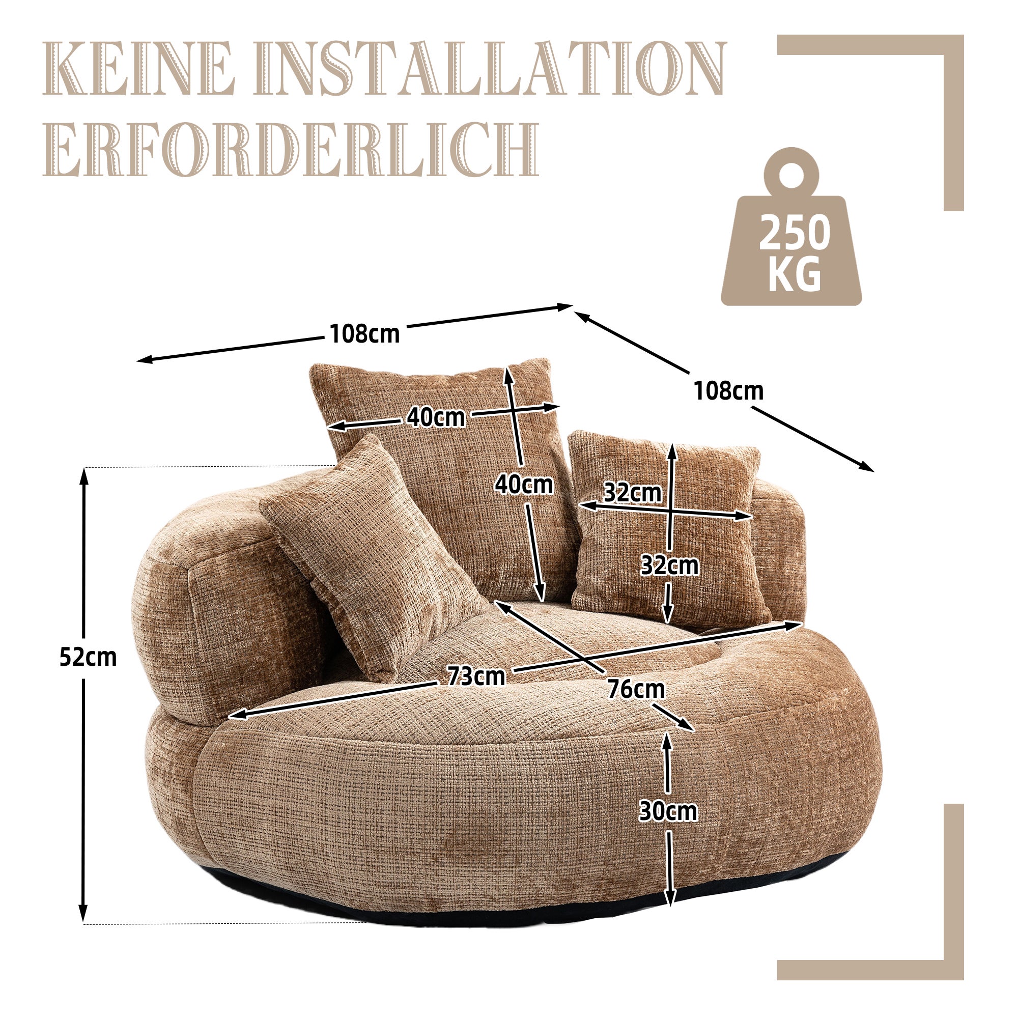 URBAN MEUBLE Pouf fauteuil rond beige en tissu chenille, bean bag confortable avec coussins pour salon et chambre - 9