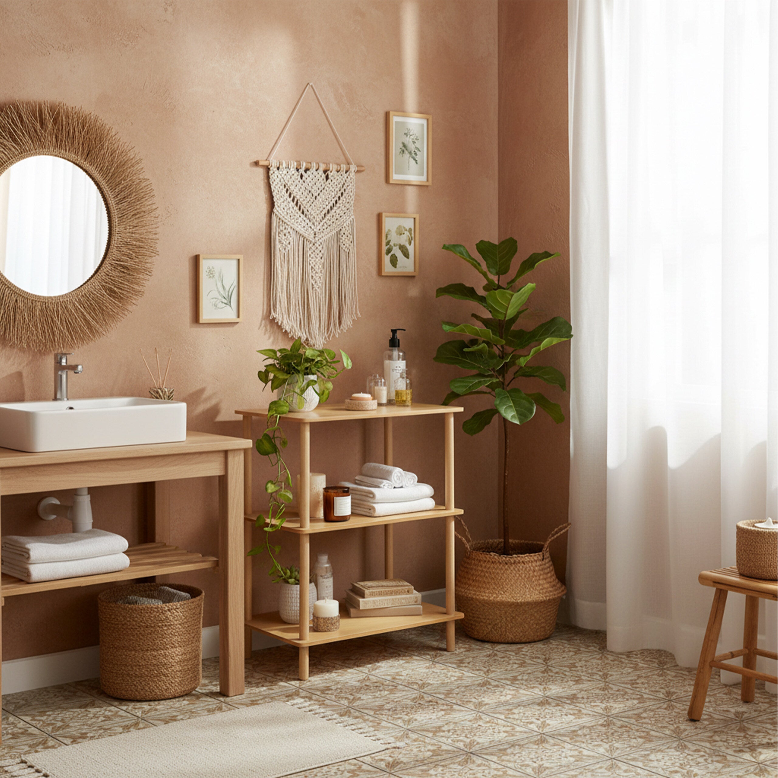 Étagère autoportante 79x60x40 cm, 3 niveaux, MDF/bambou, pour salle de bain, salon, cuisine, naturelle, relaxdays - 2