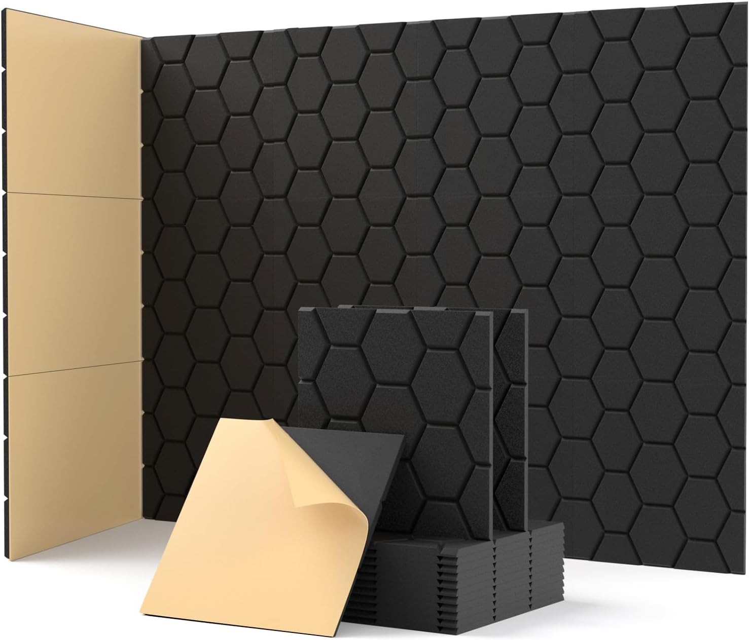 Zestaw 12 samoprzylepnych paneli akustycznych, wypełnienie dźwiękochłonne z poliestru, panele ścienne o wysokiej gęstości, 30 x 30 cm, czarne