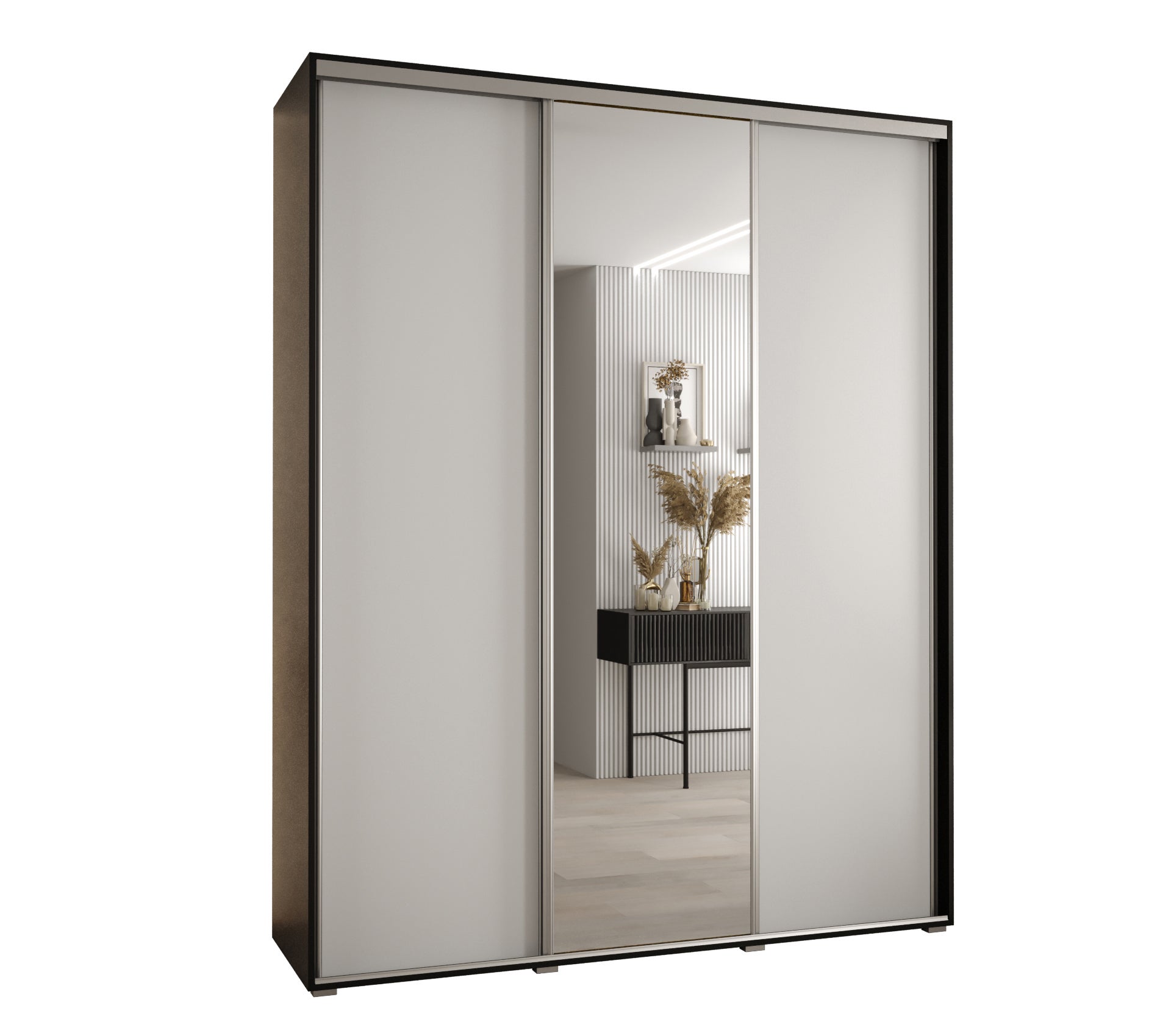 Szafa przesuwna z lustrem wysoka Davos 3 190 x 60 x 235,2 cm czarny + biały + u. srebrny - Abiks Meble