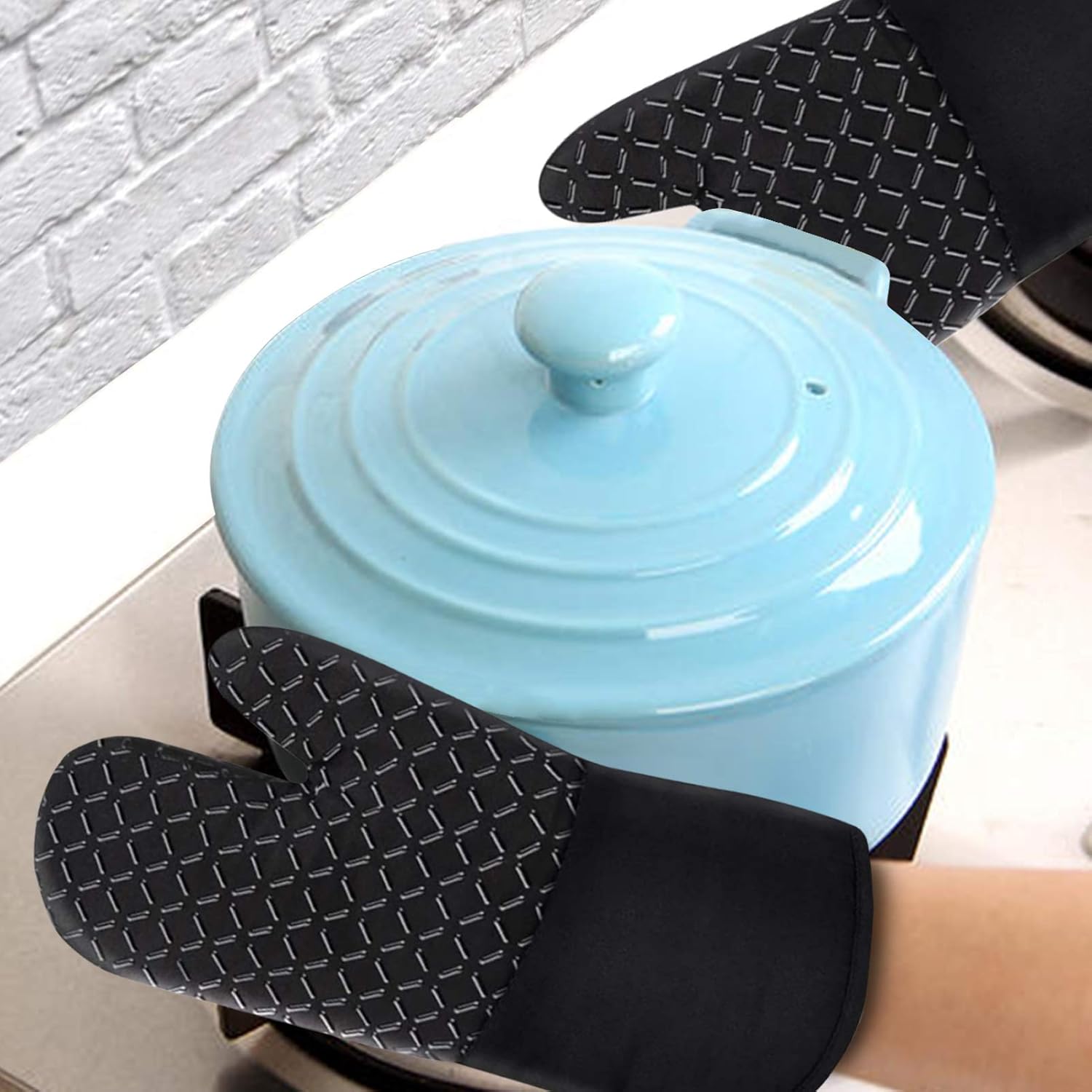 Gants de Four Gants de Four 1 Paire et Manique Silicone Gants de Cuisine Cuisine avec Tapis de Maniques Résistant à Chaleur Antidérapant (Noir) - 5