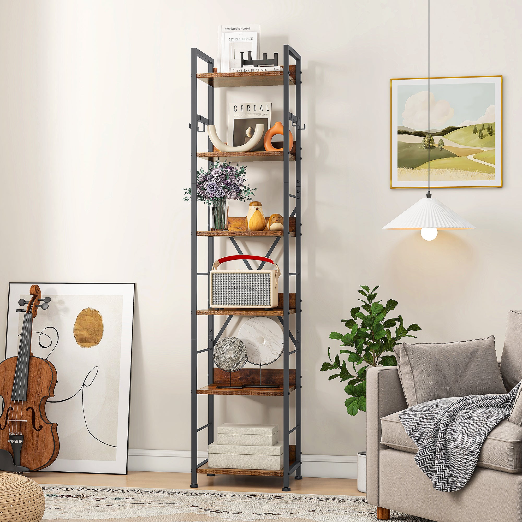 Libreria Industriale A 6 Ripiani YITAHOME – Scaffale In Metallo E Legno, Altezza 183 Cm, Con 4 Ganci, Marrone Rustico