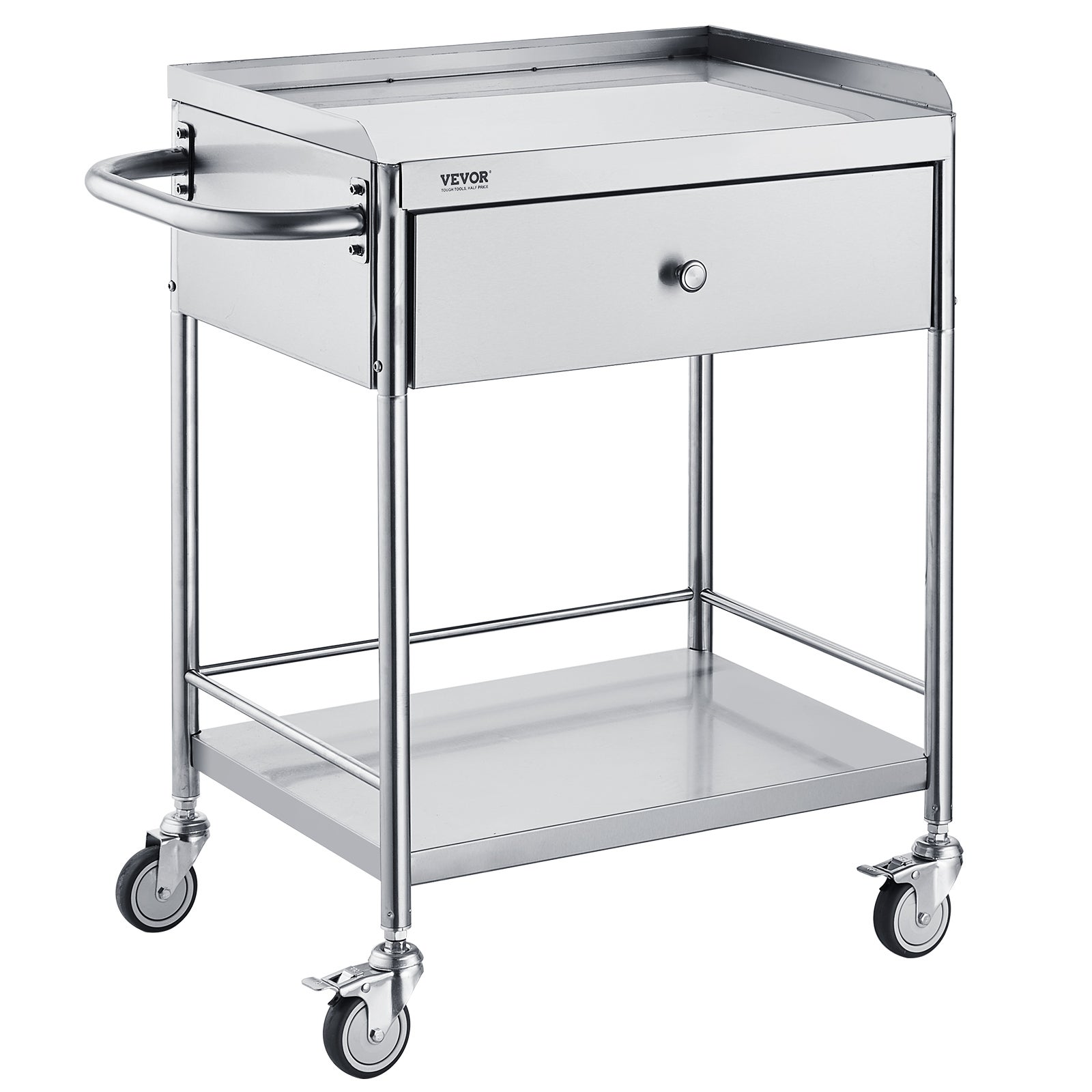 Cărucior de laborator VEVOR cu 2 niveluri, 71x42x78,5 cm, cărucior de servire din oțel inoxidabil cu sertar, capacitate de încărcare 100 kg