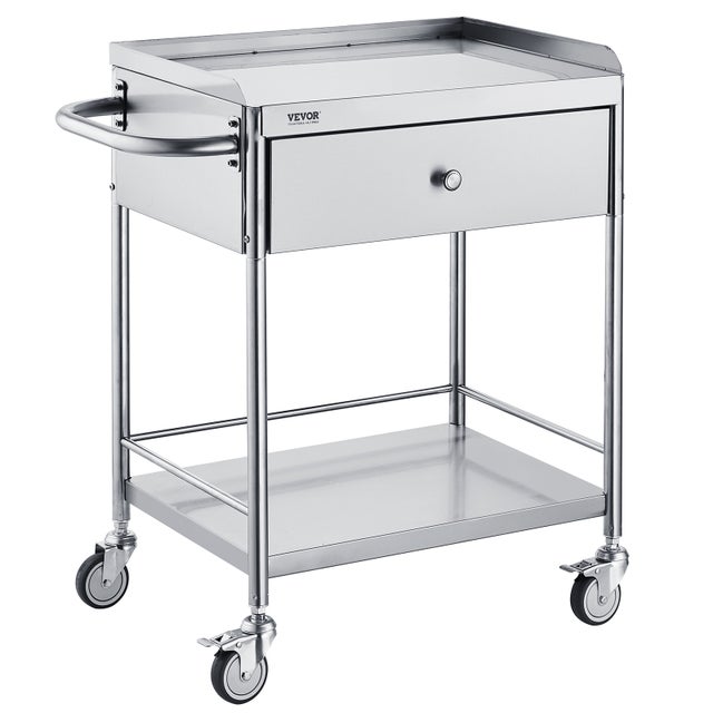 Chariot de Laboratoire à VEVOR 2 Étages Chariot à Service Médical 71x42x78,5 cm Desserte en Inox avec Tiroir Charge 100 kg Déplacement Silencieux