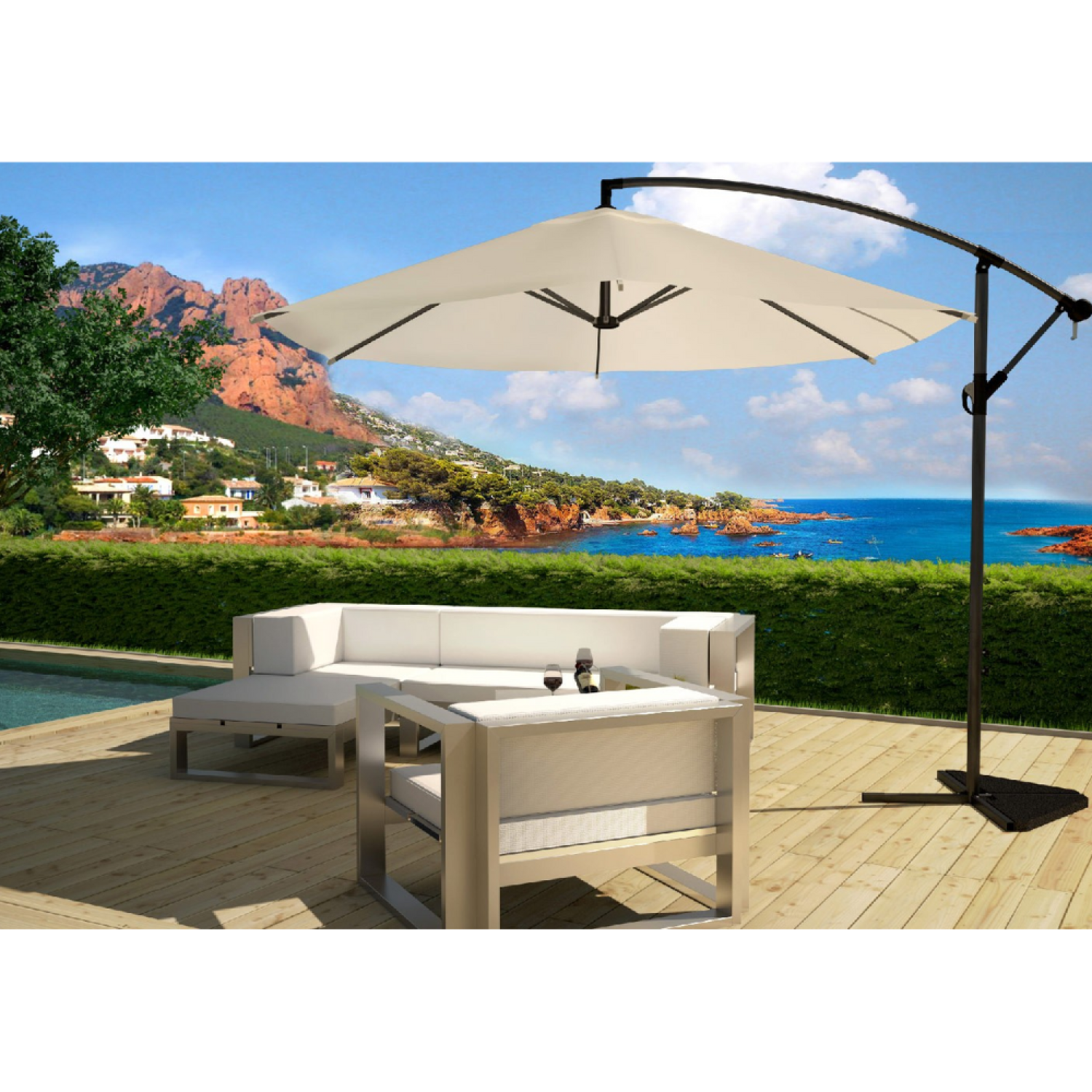 Parasol ecru déporté rond 3 x 3 m PORTICCIO - 3