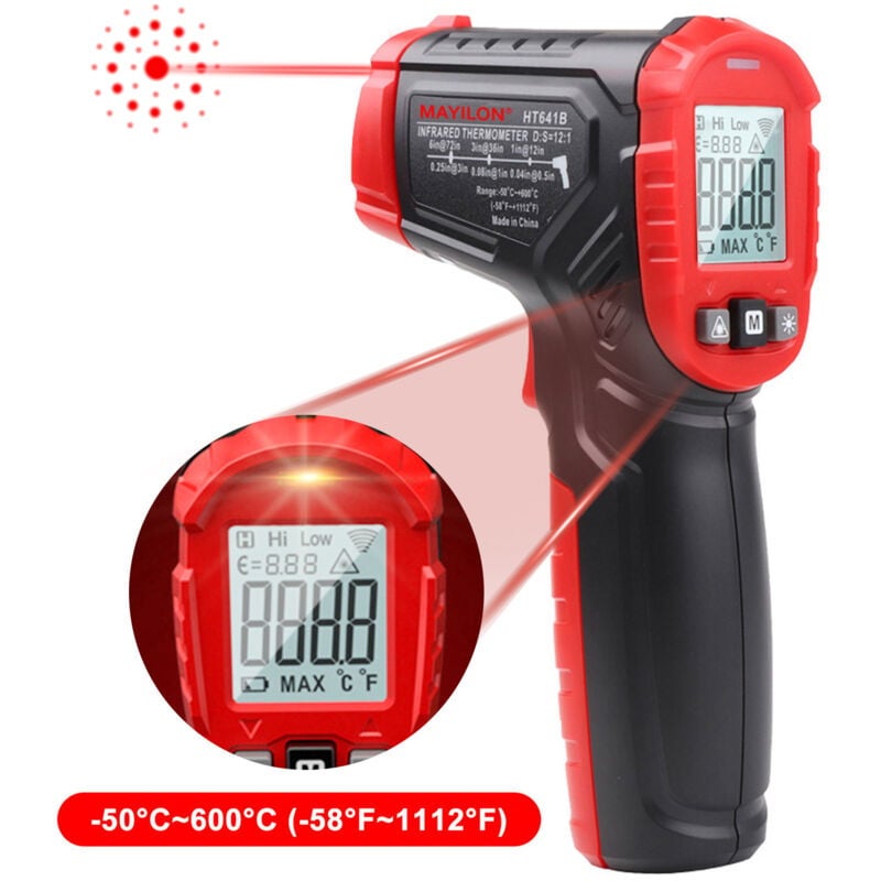 Termometr na podczerwień, od -58 °F do 1112 °F (od -50 °C do 600 °C) Bezdotykowy cyfrowy pistolet laserowy do pomiaru temperatury