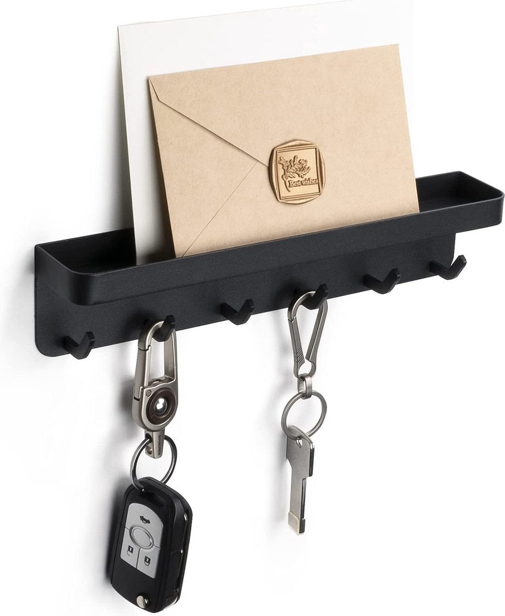 Portachiavi, portachiave moderna, portachiavi nero, listello portachiavi in metallo con ripiano, chiave autoadesiva, 6 ganci per corridoio, ufficio cucina
