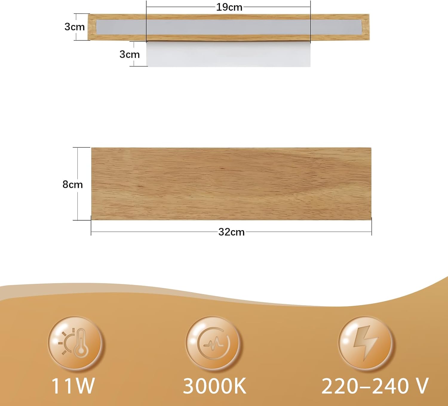 NETTLIFE Applique LED Legno 32cm Moderna, Design Su e Giù Luce Indiretta 11W 3000K Bianco Caldo per Soggiorno Camera Corridoio Scale Interno - 4
