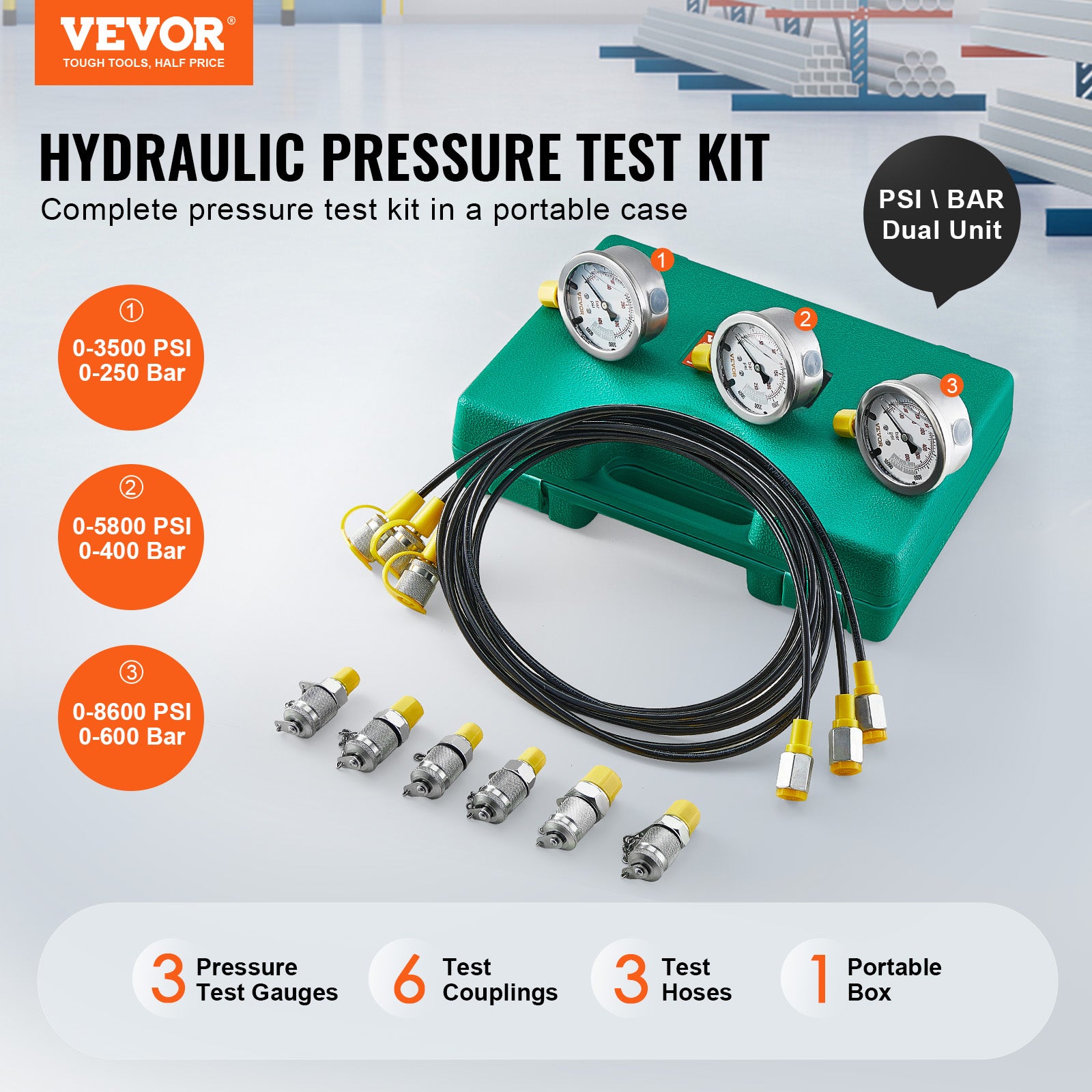 Lanko Kit Complet Test Pression Hydraulique – 3 Manomètres 25/40/60 MPa + Tuyaux & Raccords – Pour Pelleteuse, Engins TP & Hydraulique